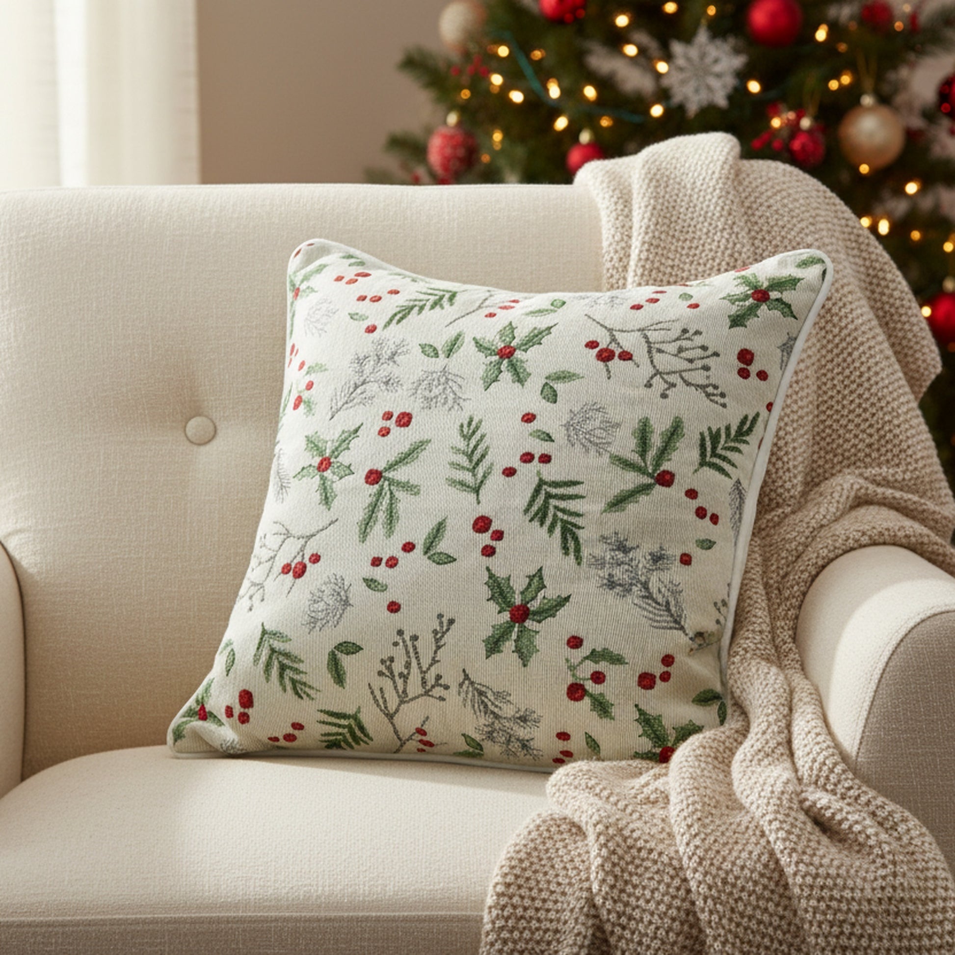Tapestry Cushion Holly Berries 18 X 18, Christmas, Throw Pillow, Holiday Decor- Set of 2