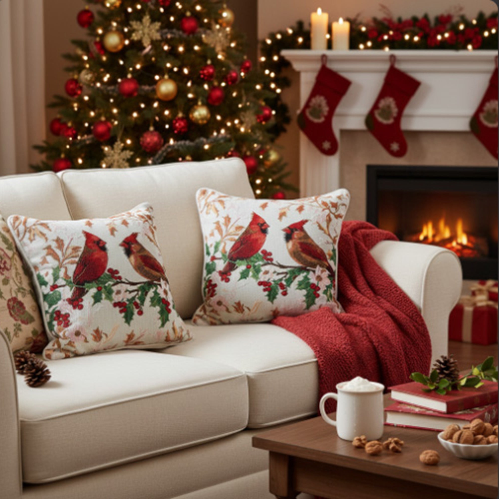 Tapestry Cushion Cardinals on Holly 18 X 18, Christmas, Throw Pillow, Holiday Decor- Set of 2