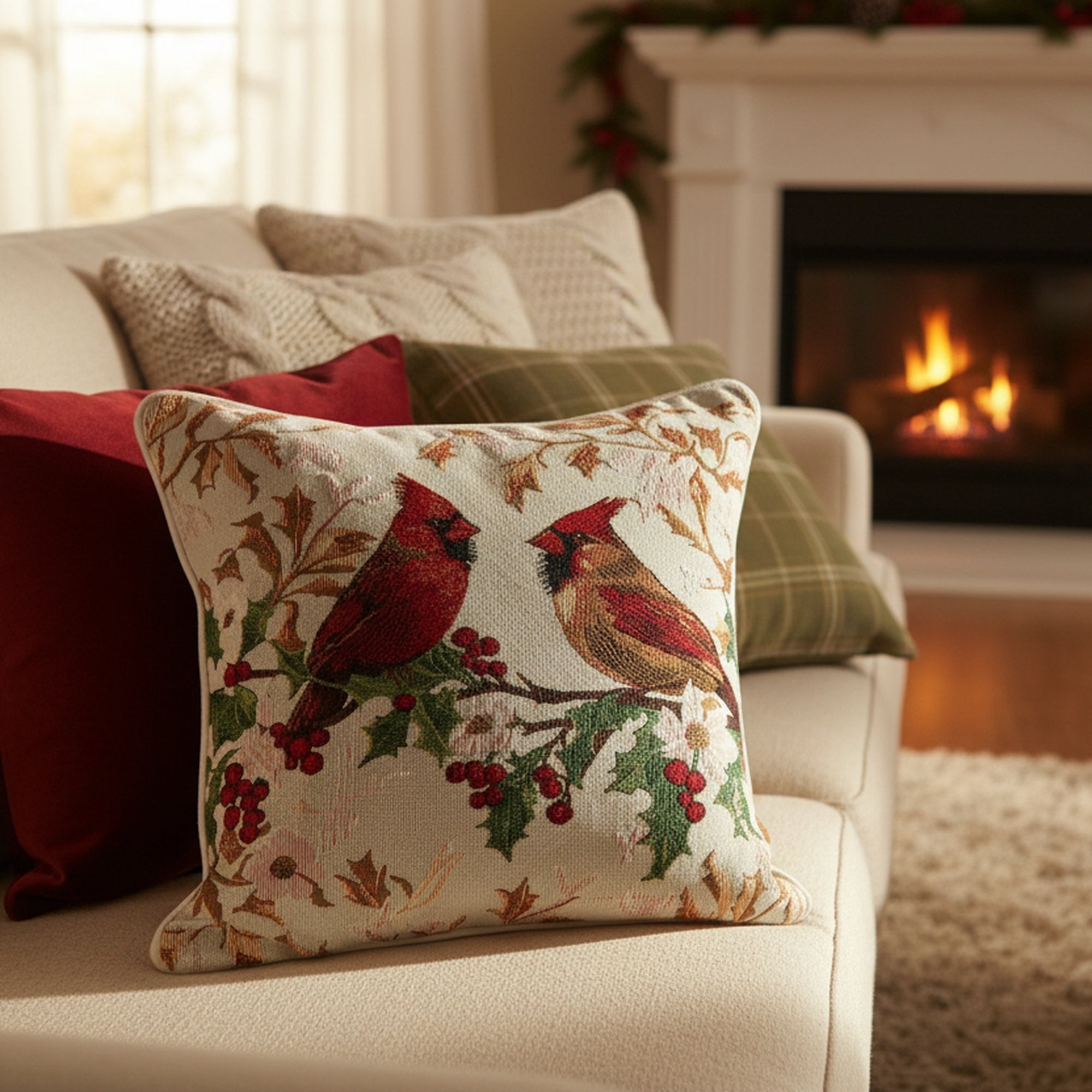 Tapestry Cushion Cardinals on Holly 18 X 18, Christmas, Throw Pillow, Holiday Decor- Set of 2
