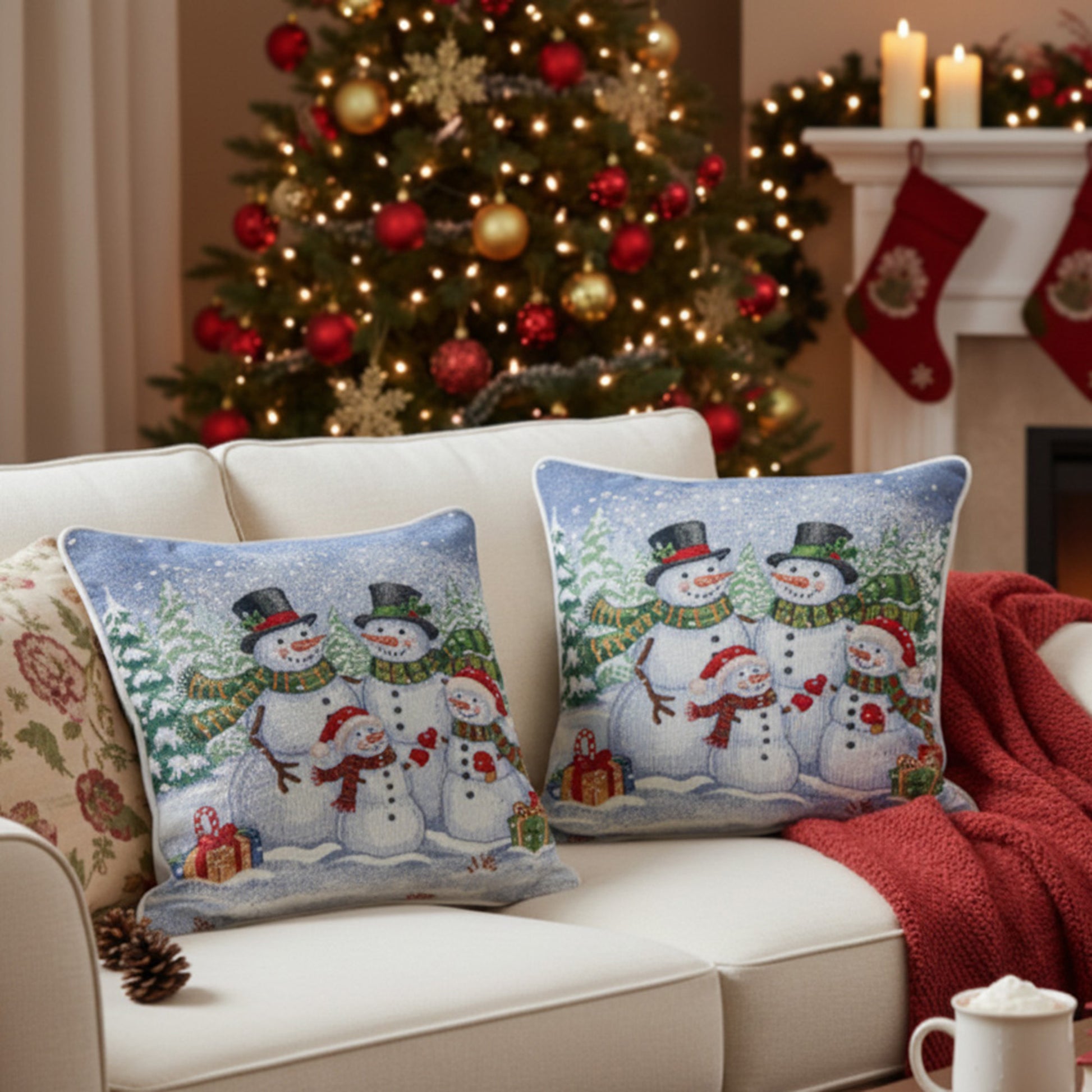 Tapestry Cushion Snowman Family 18 X 18, Christmas, Throw Pillow, Holiday Decor- Set of 2