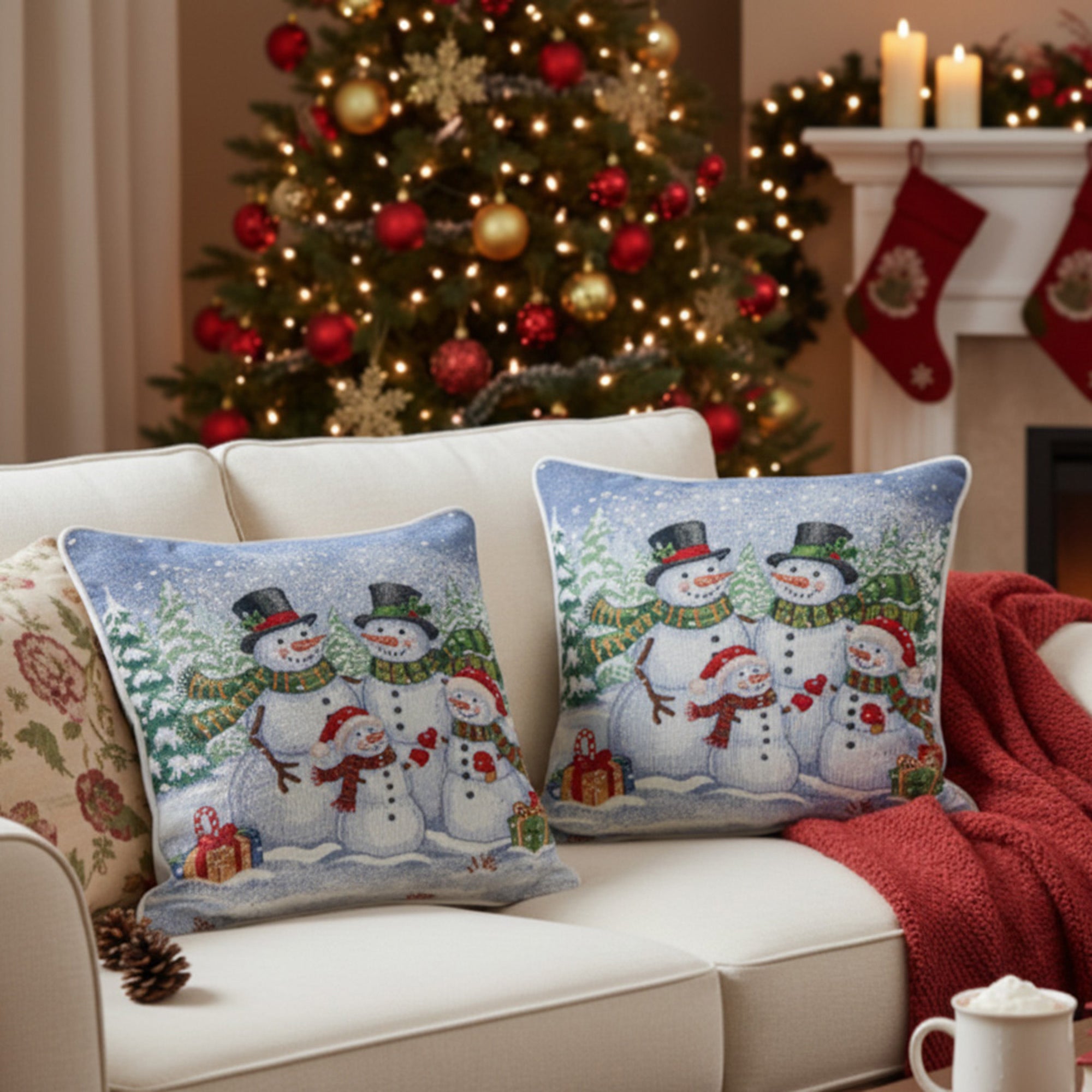 Tapestry Cushion Snowman Family 18 X 18, Christmas, Throw Pillow, Holiday Decor- Set of 2
