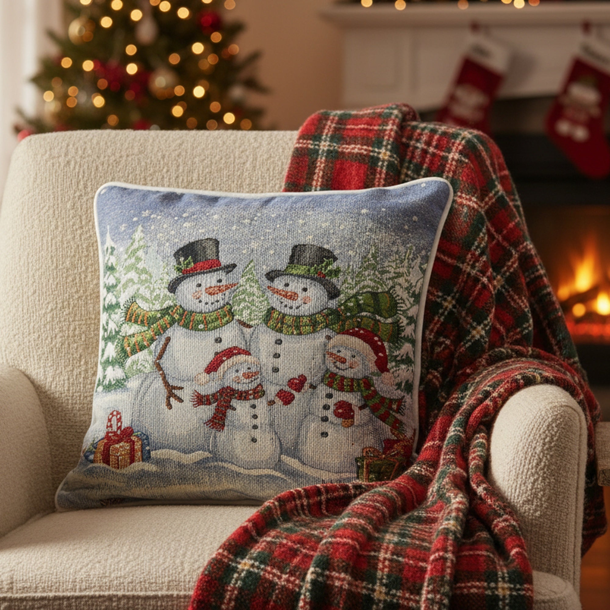 Tapestry Cushion Snowman Family 18 X 18, Christmas, Throw Pillow, Holiday Decor- Set of 2