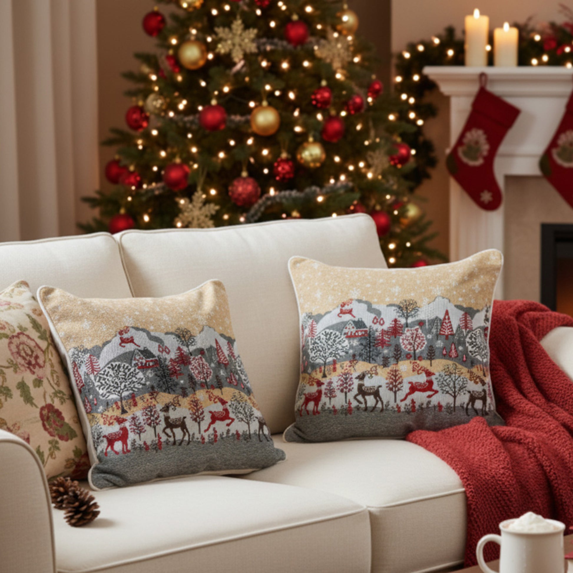 Tapestry Cushion Reindeer Village 18 X 18, Christmas, Throw Pillow, Holiday Decor- Set of 2