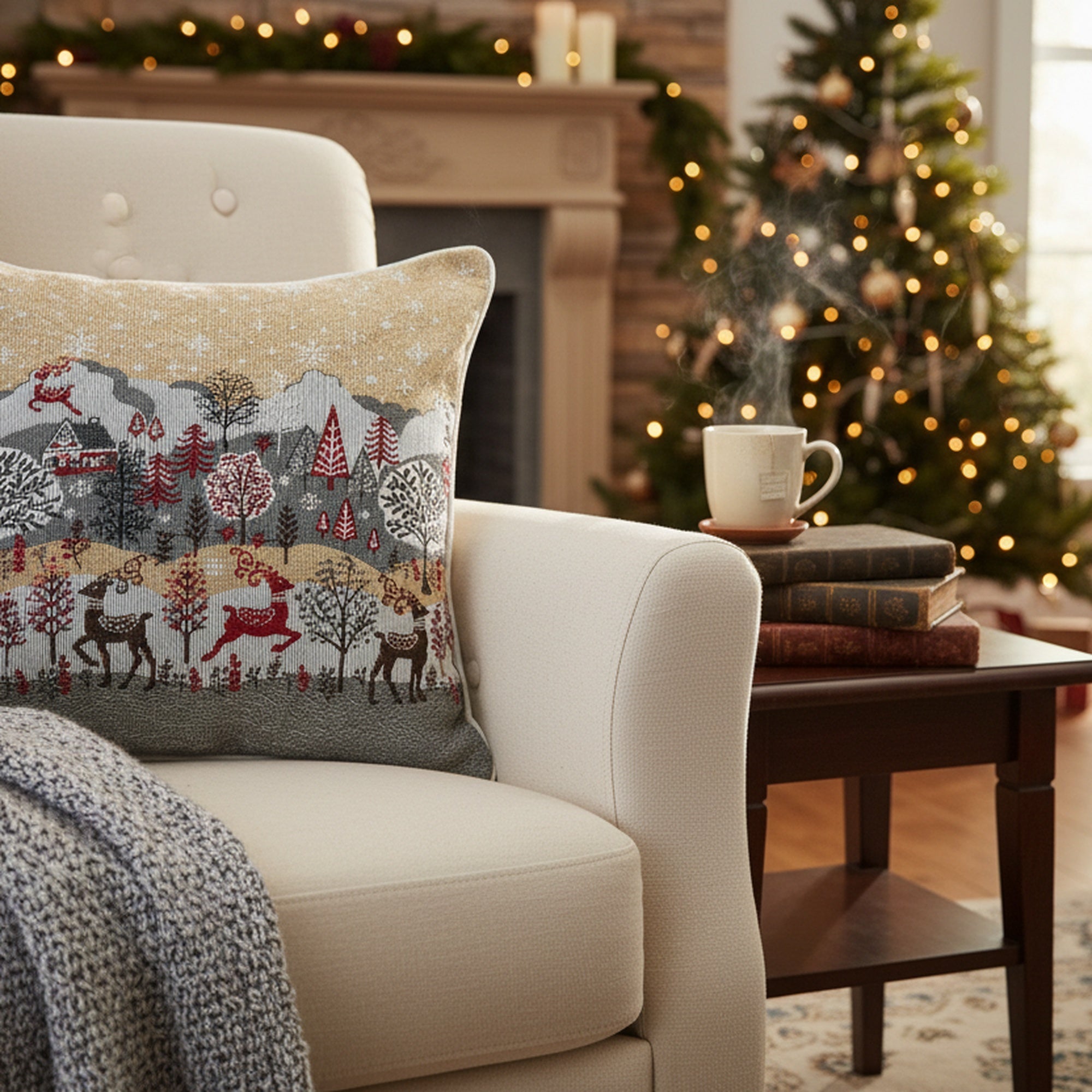 Tapestry Cushion Reindeer Village 18 X 18, Christmas, Throw Pillow, Holiday Decor- Set of 2