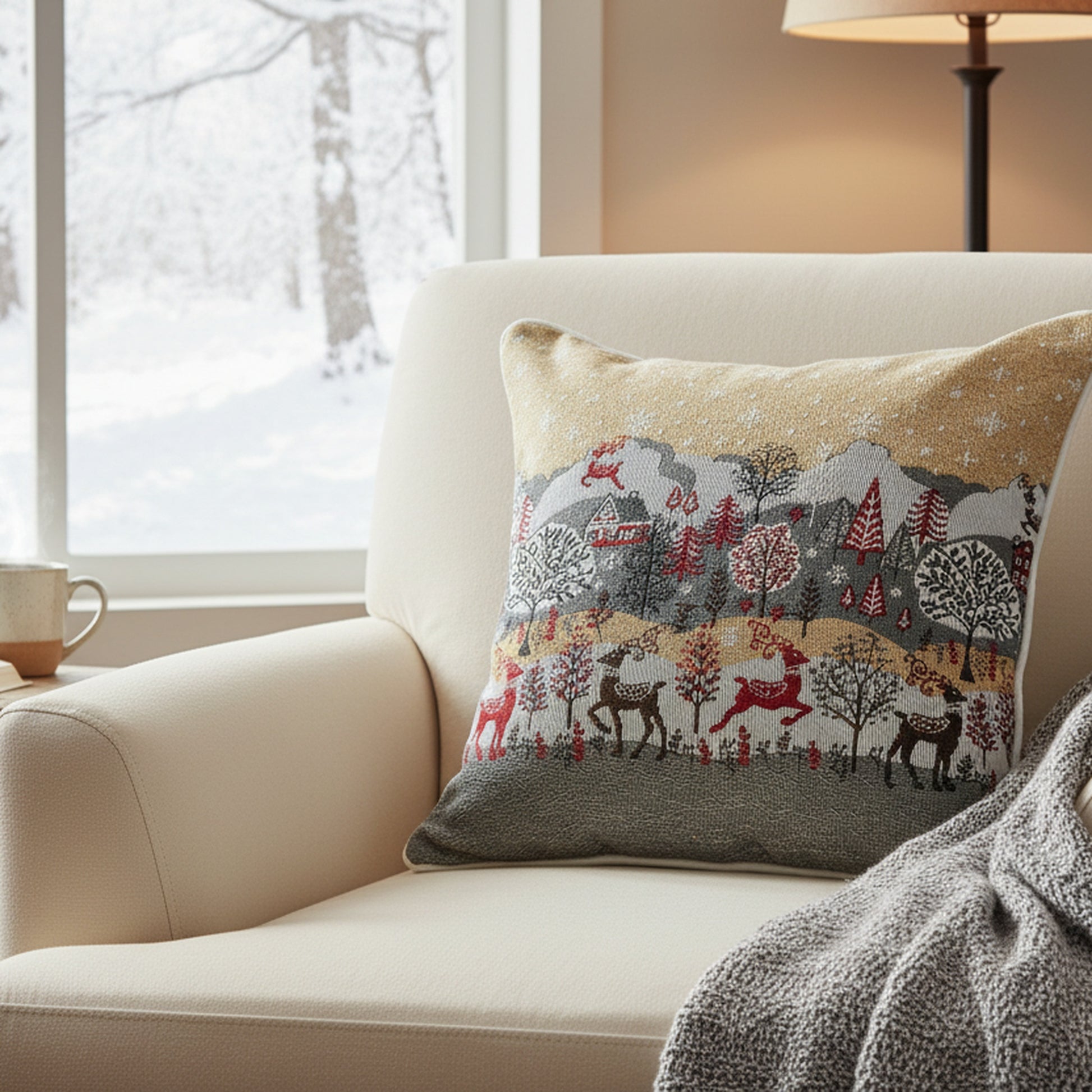 Tapestry Cushion Reindeer Village 18 X 18, Christmas, Throw Pillow, Holiday Decor- Set of 2