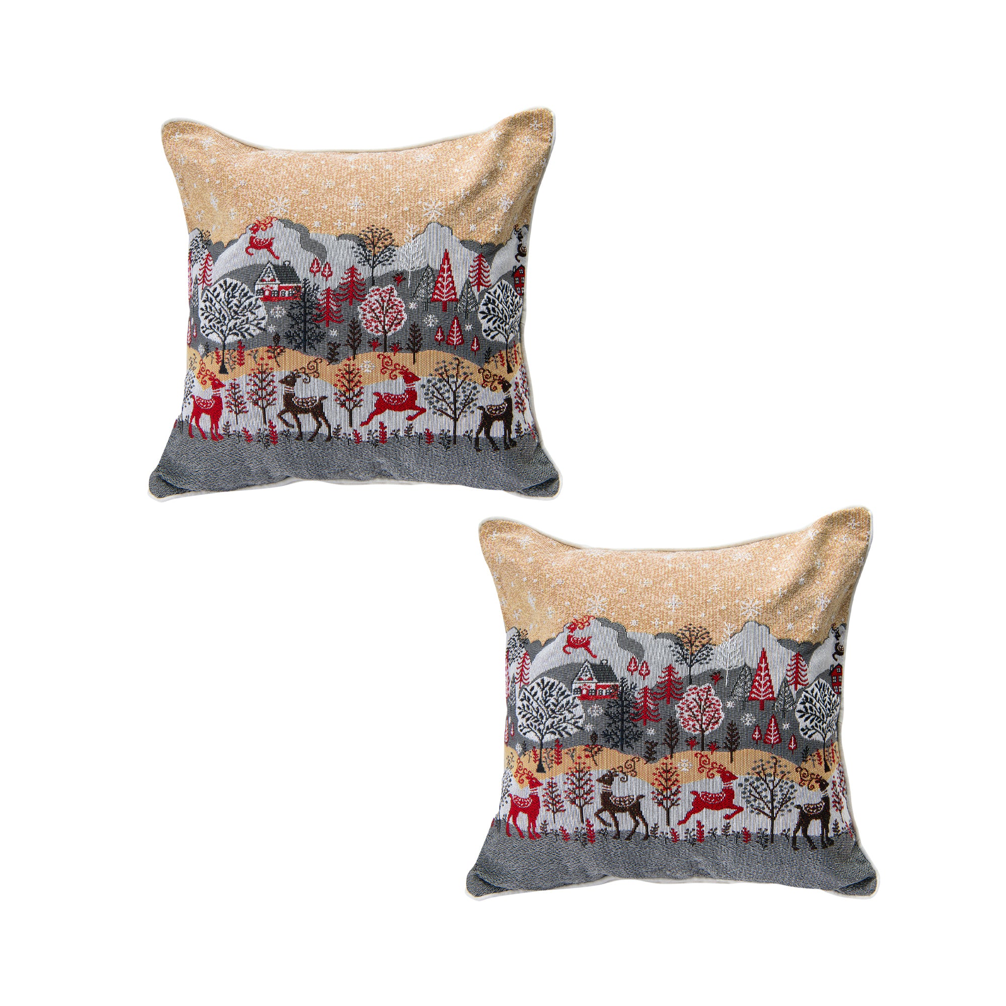 Tapestry Cushion Reindeer Village 18 X 18, Christmas, Throw Pillow, Holiday Decor- Set of 2
