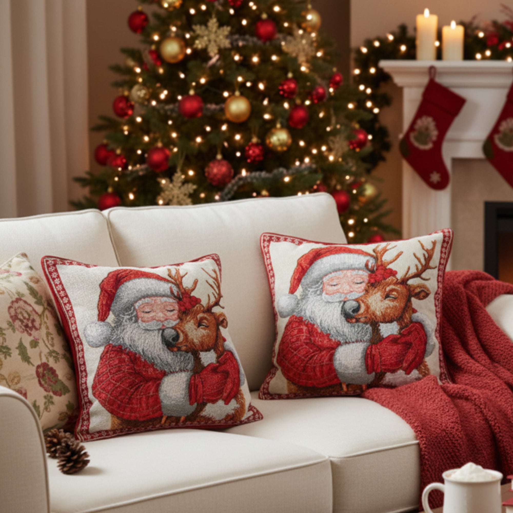 Tapestry Cushion Santa and Reindeer 18 X 18, Christmas, Throw Pillow, Holiday Decor- Set of 2