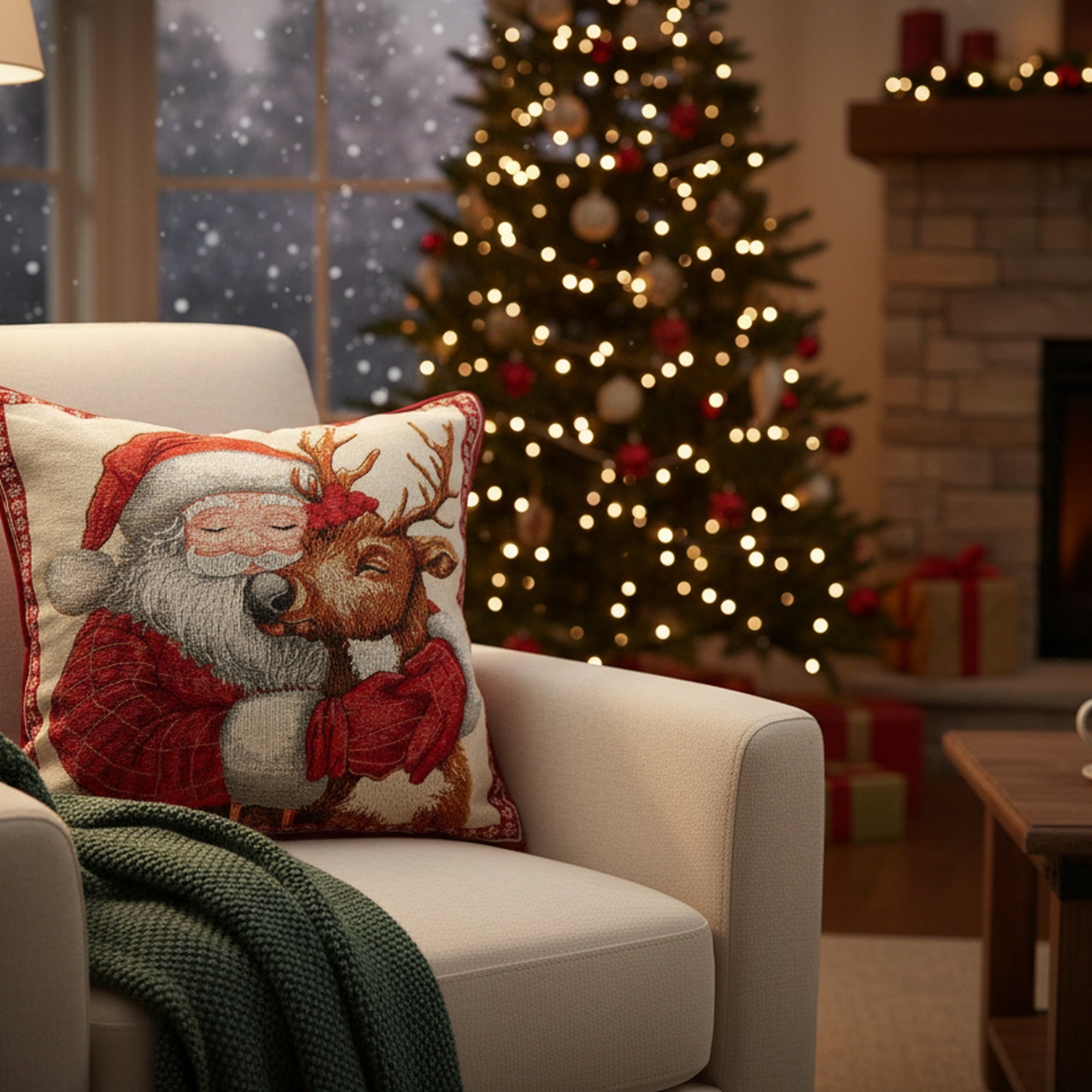 Tapestry Cushion Santa and Reindeer 18 X 18, Christmas, Throw Pillow, Holiday Decor- Set of 2