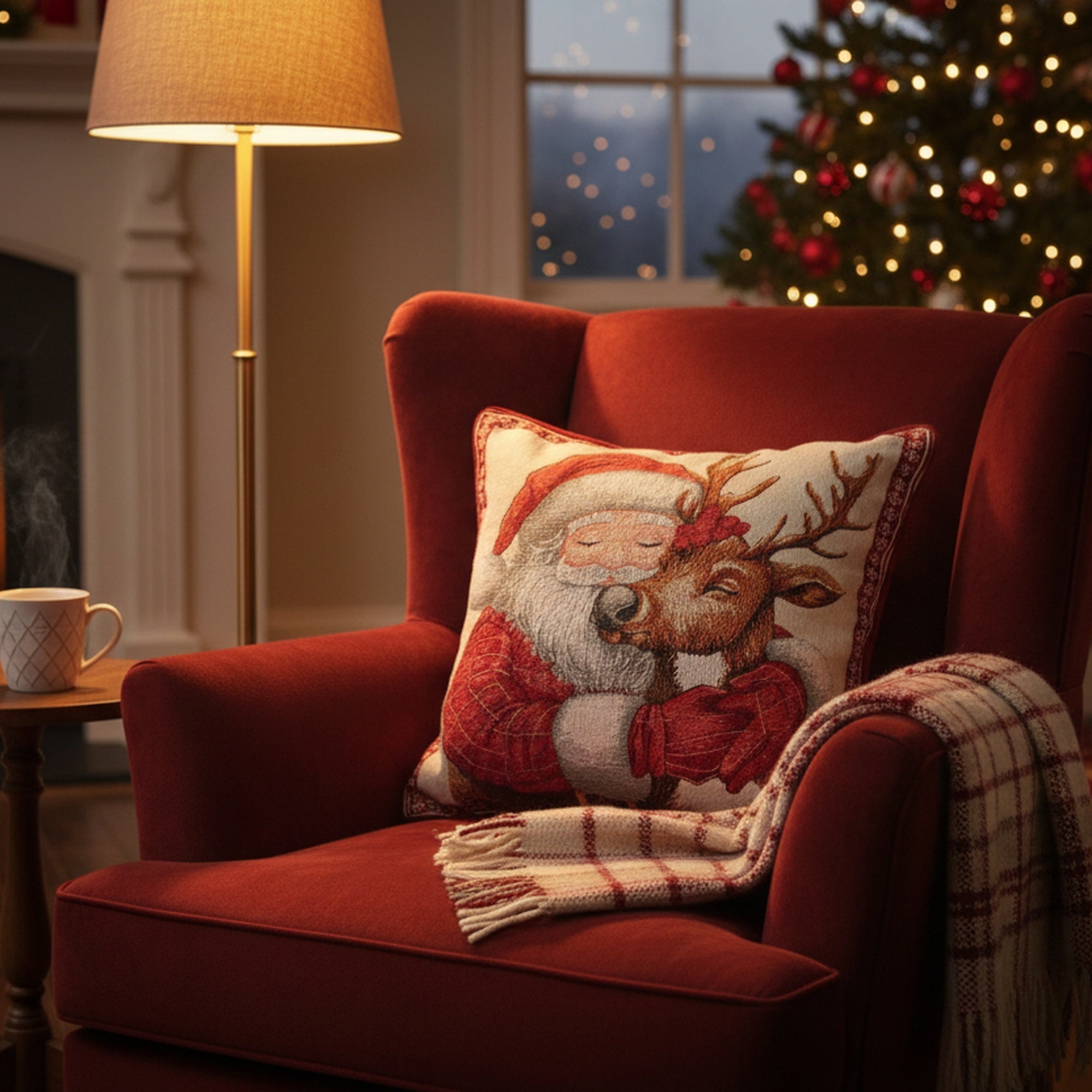 Tapestry Cushion Santa and Reindeer 18 X 18, Christmas, Throw Pillow, Holiday Decor- Set of 2
