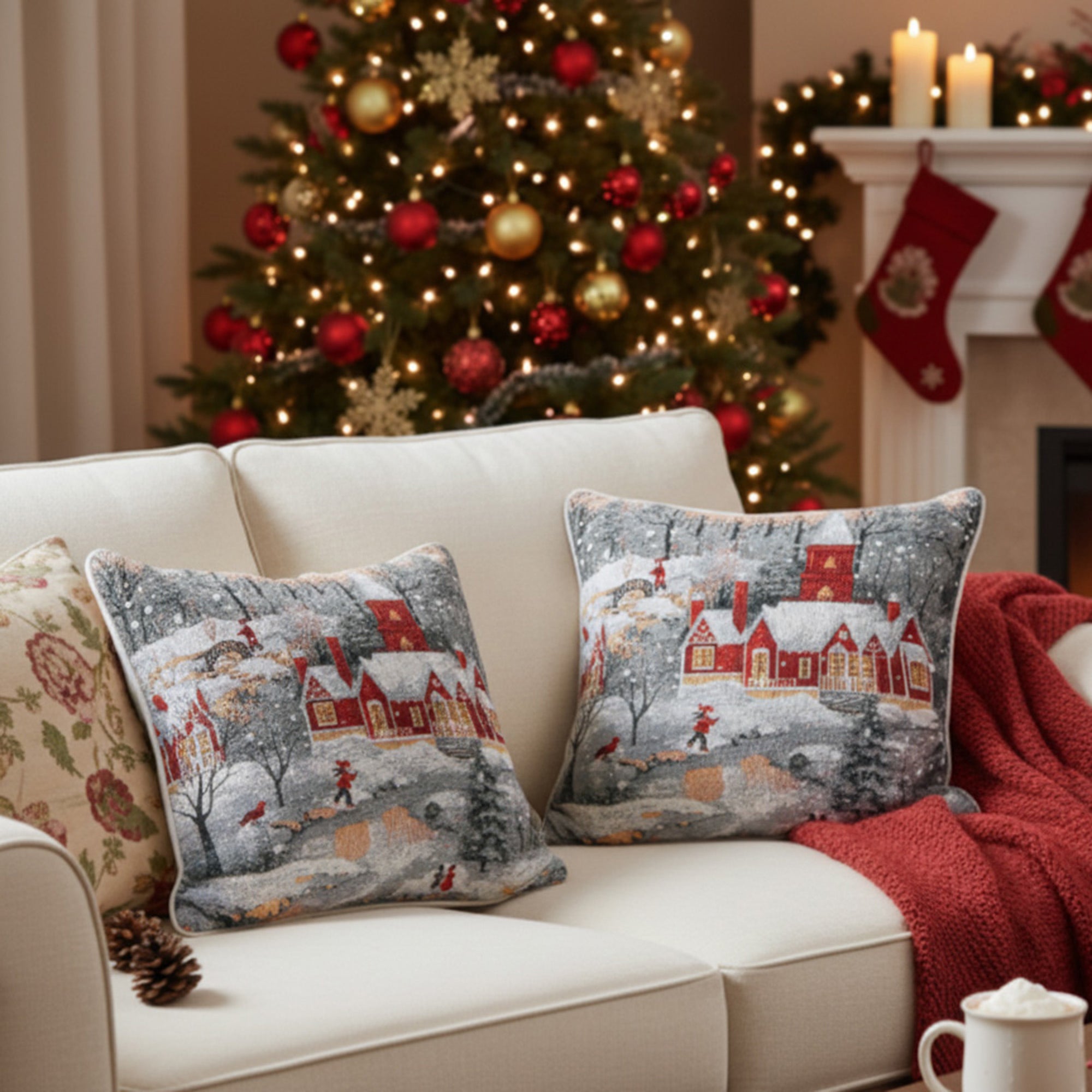 Tapestry Cushion Winter Village 18 X 18, Winter, Throw Pillow, Holiday Decor- Set of 2