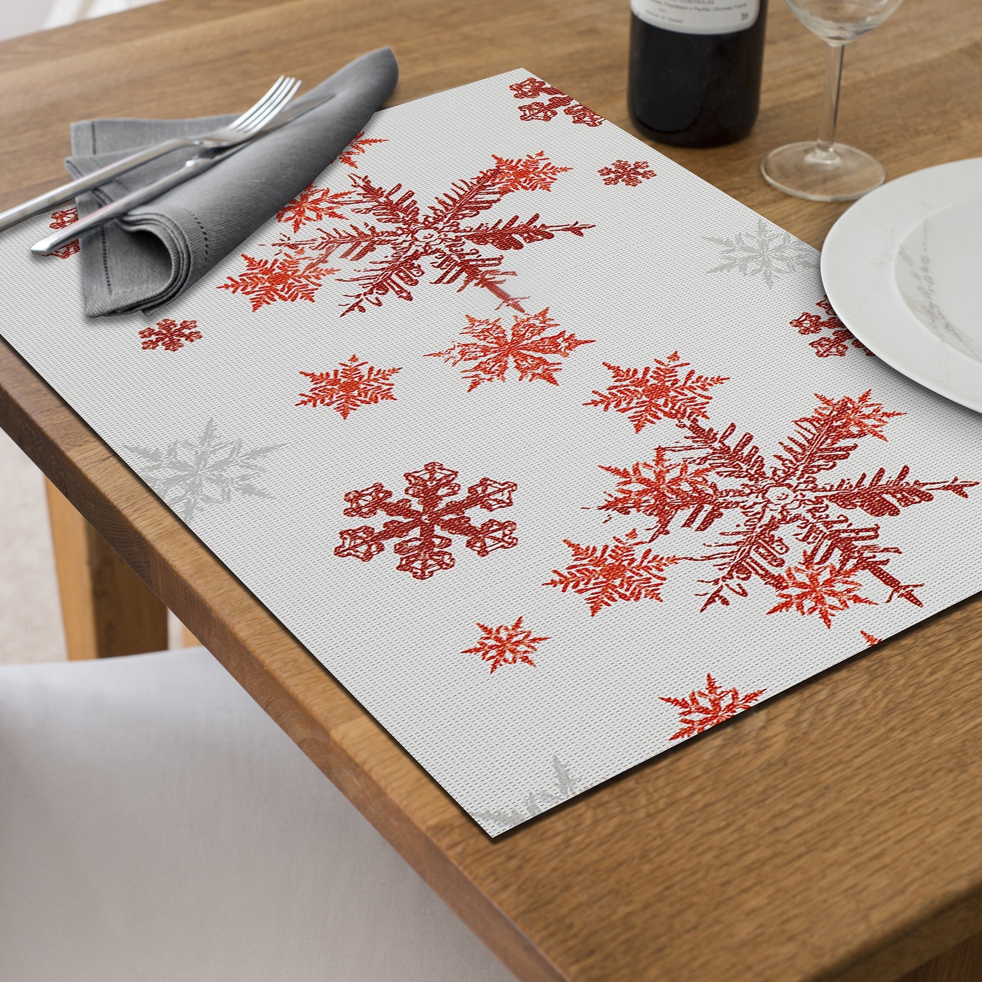 Vinyl Placemat Set of 12 Red Snowflakes – Christmas Table Decor, Holiday Dining Accent, Winter Seasonal Decoration