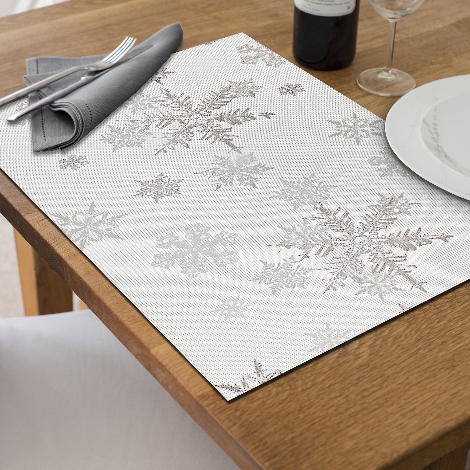Vinyl Placemat Set of 12 Silver Snowflakes – Christmas Table Decor, Holiday Dining Accent, Winter Seasonal Decoration