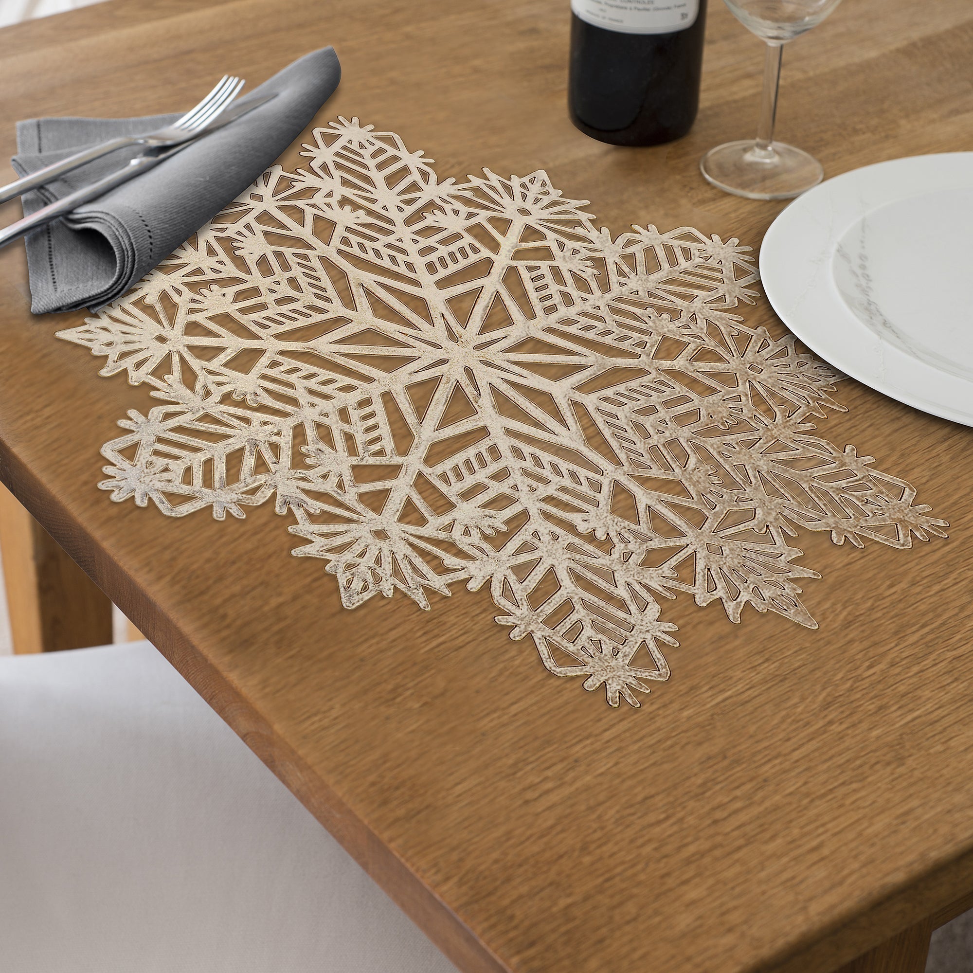 PVC Cut Out Snowflake Placemat Set of 12 Gold – Christmas Table Decor, Holiday Dining Accent, Winter Seasonal Decoration