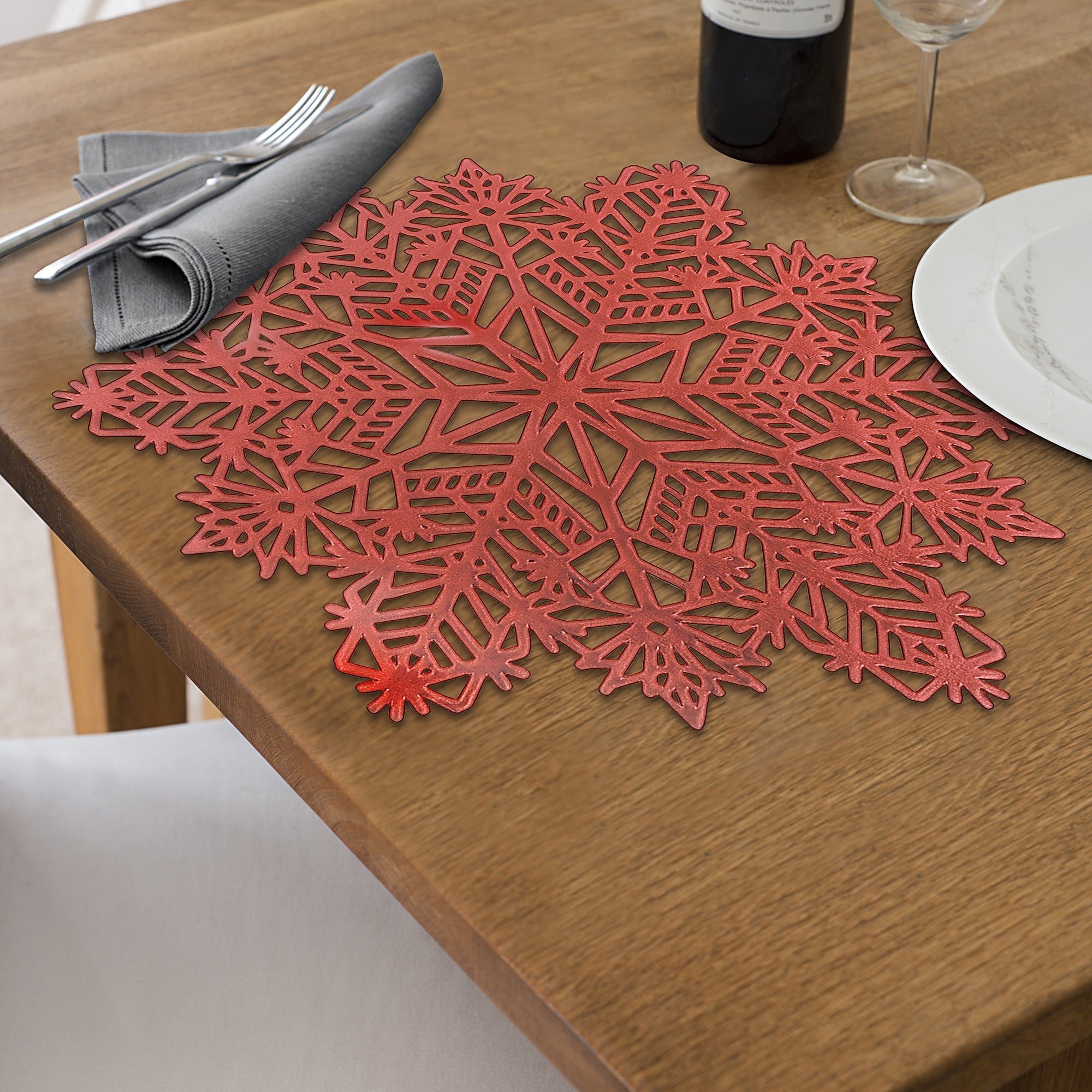 PVC Cut Out Snowflake Placemat Set of 12 Red – Christmas Table Decor, Holiday Dining Accent, Winter Seasonal Decoration