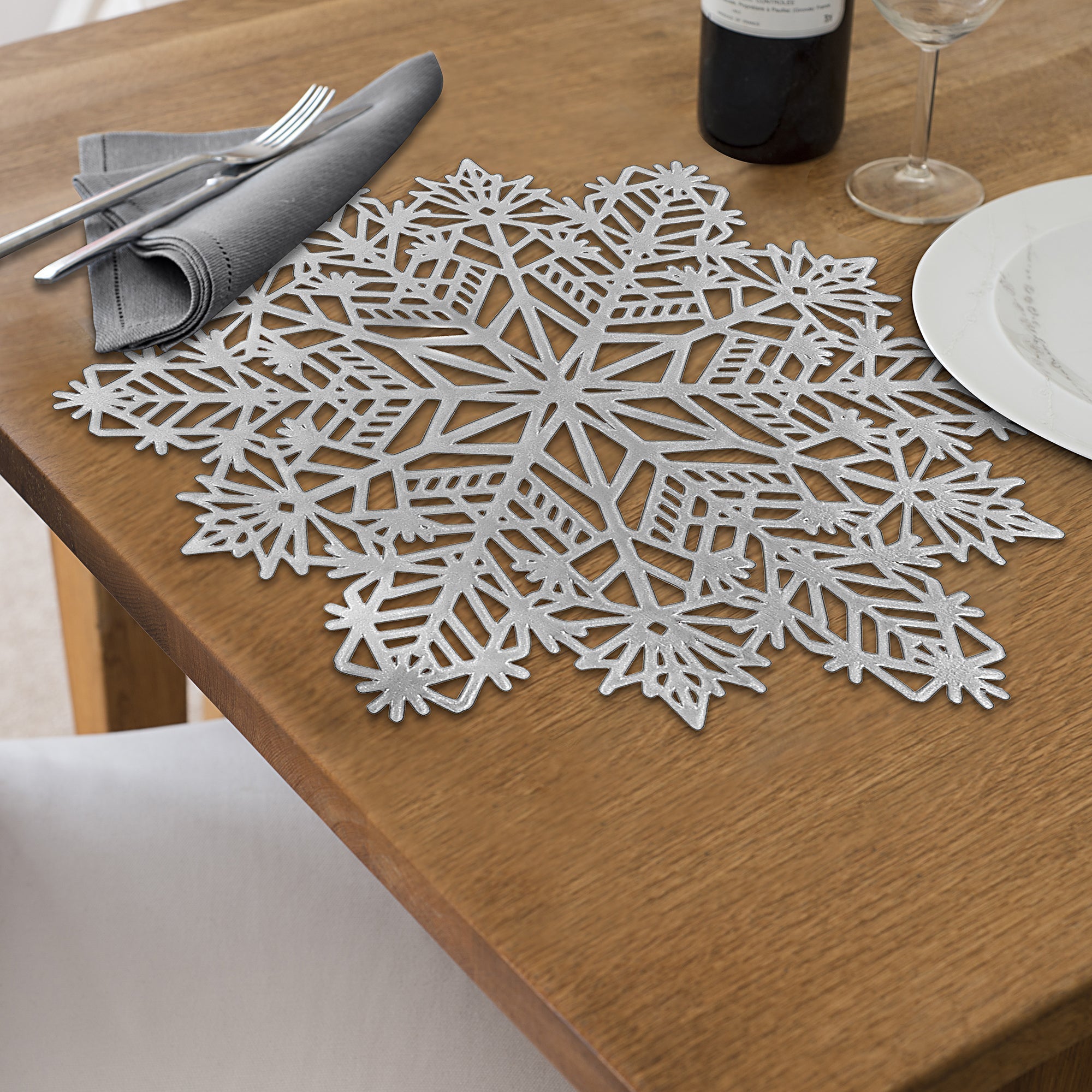 PVC Cut Out Snowflake Placemat Set of 12 Silver – Christmas Table Decor, Holiday Dining Accent, Winter Seasonal Decoration