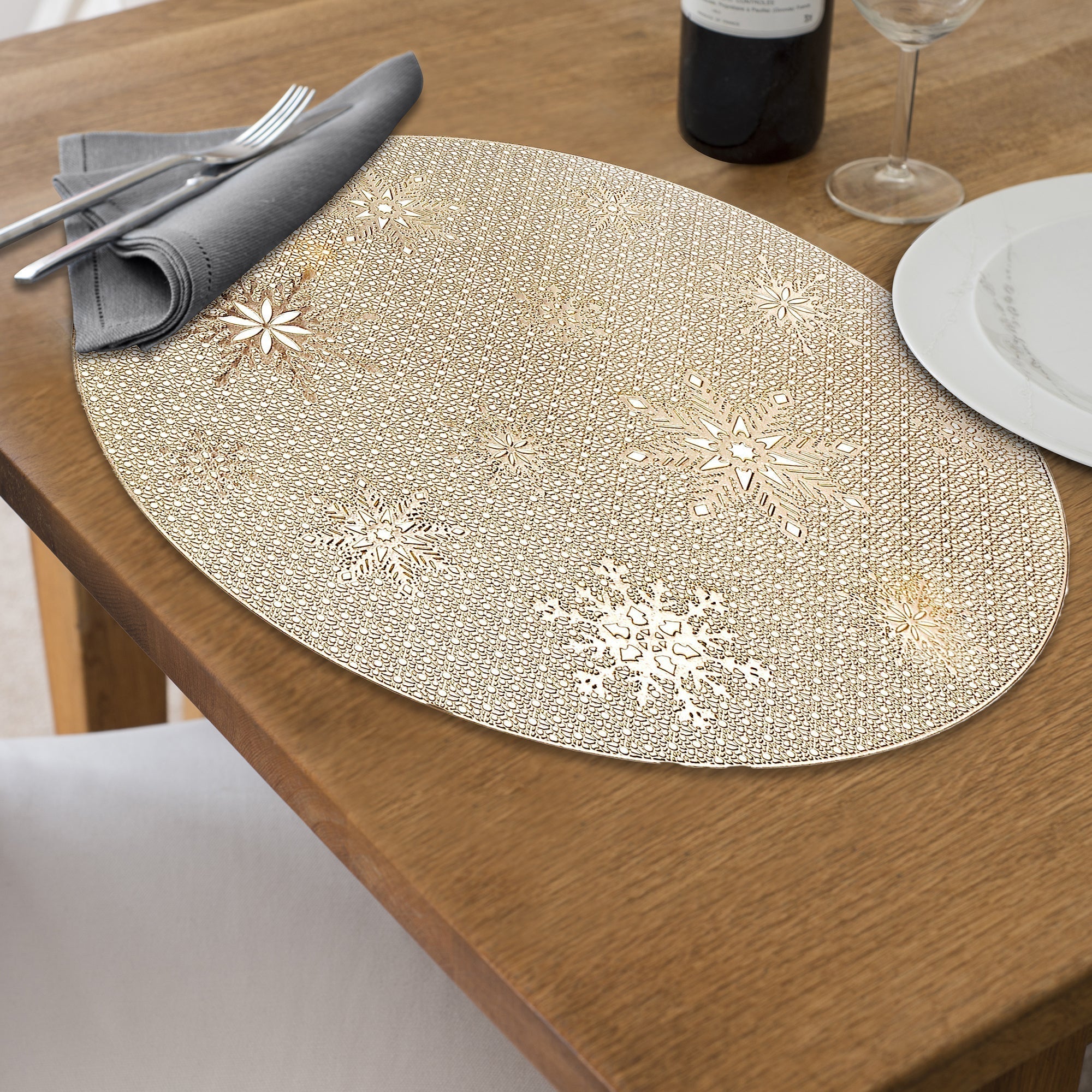 PVC Round Cut Out Snowflake Placemat Set of 12 Gold – Christmas Table Decor, Holiday Dining Accent, Winter Seasonal Decoration
