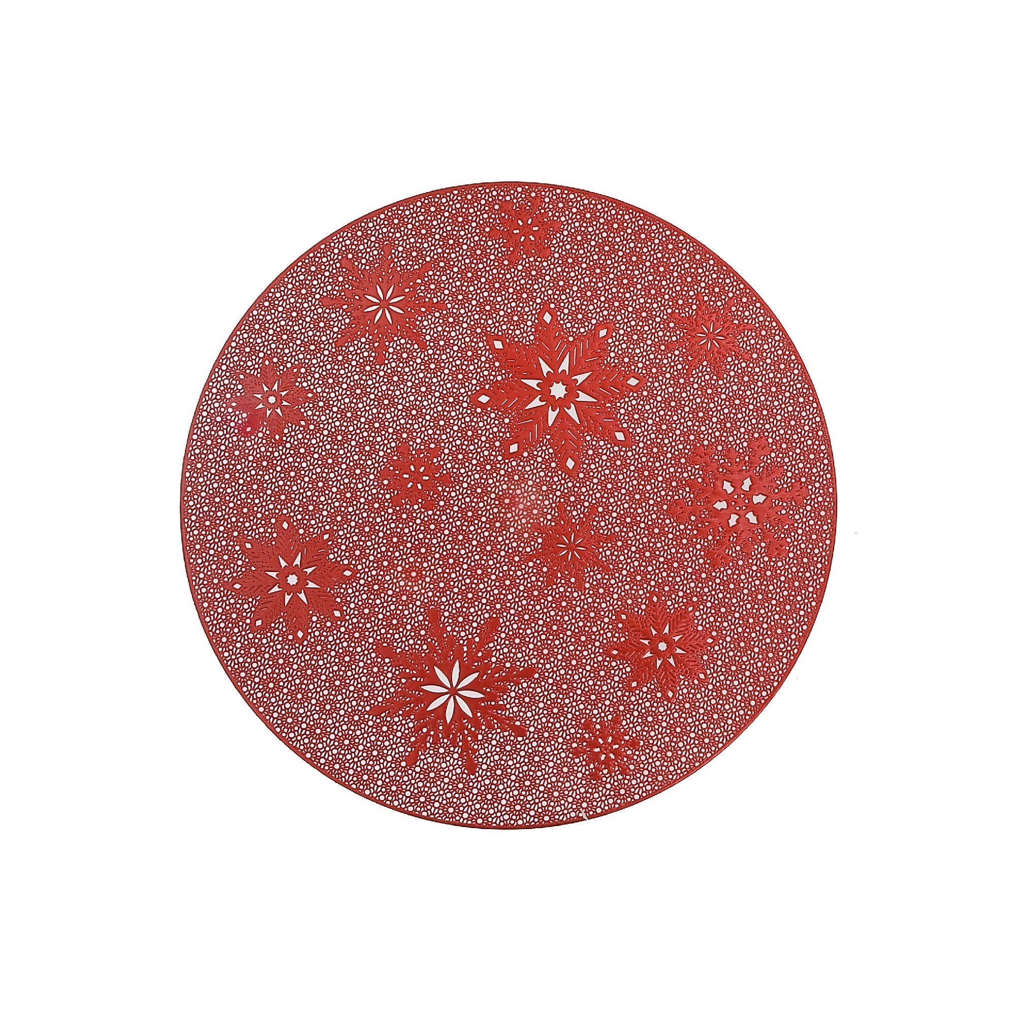 PVC Round Cut Out Snowflake Placemat Set of 12 Red – Christmas Table Decor, Holiday Dining Accent, Winter Seasonal Decoration