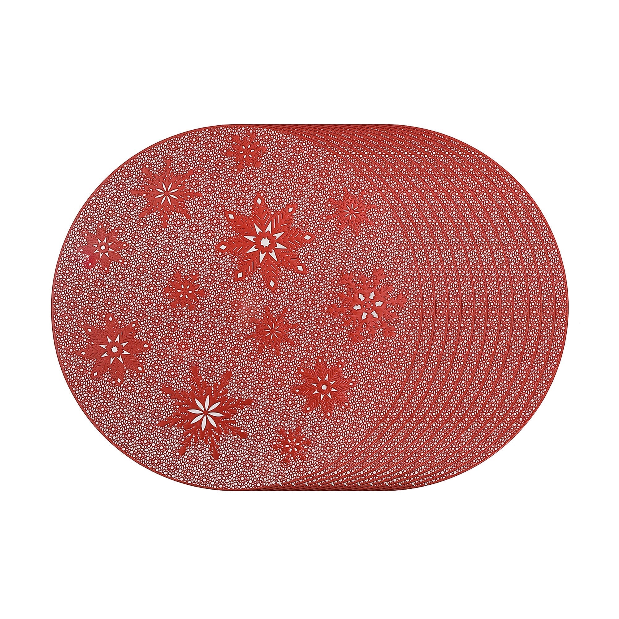 PVC Round Cut Out Snowflake Placemat Set of 12 Red – Christmas Table Decor, Holiday Dining Accent, Winter Seasonal Decoration