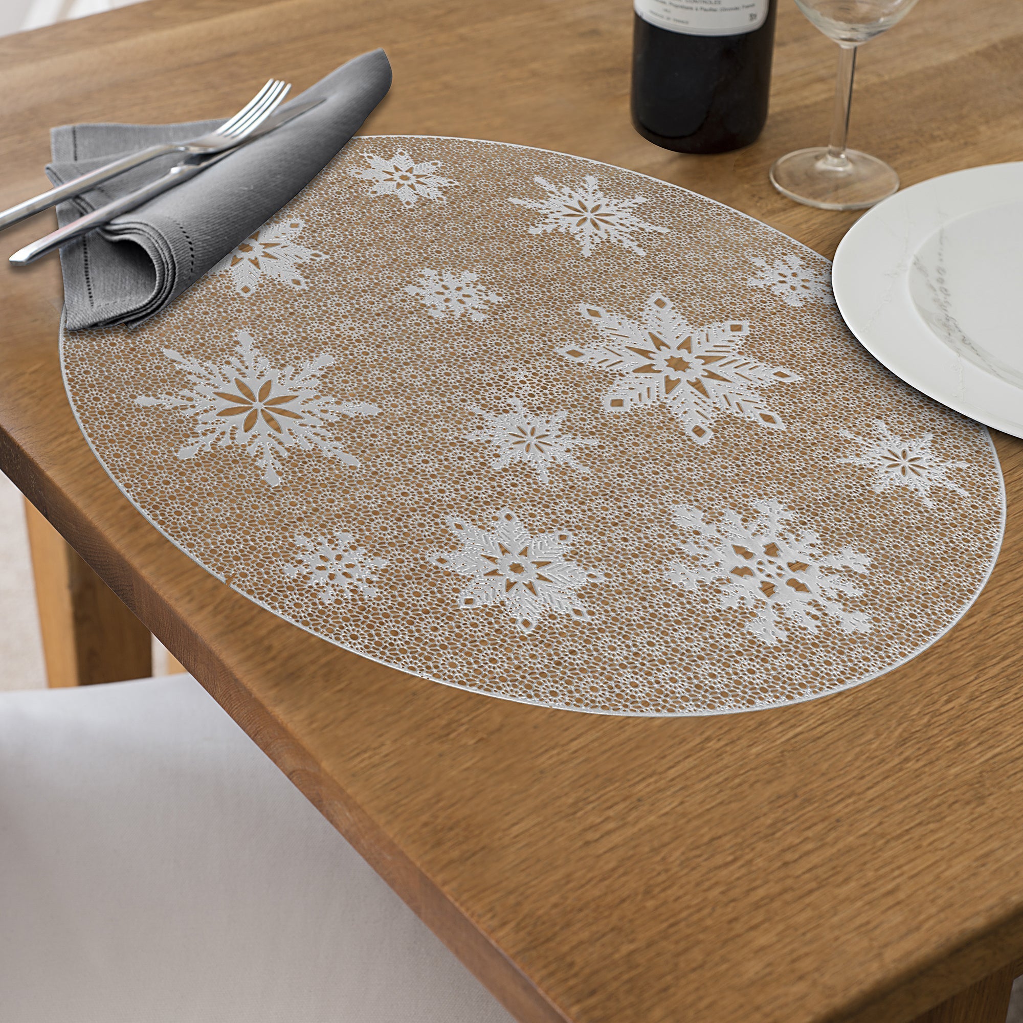 PVC Round Cut Out Snowflake Placemat Set of 12 Silver – Christmas Table Decor, Holiday Dining Accent, Winter Seasonal Decoration
