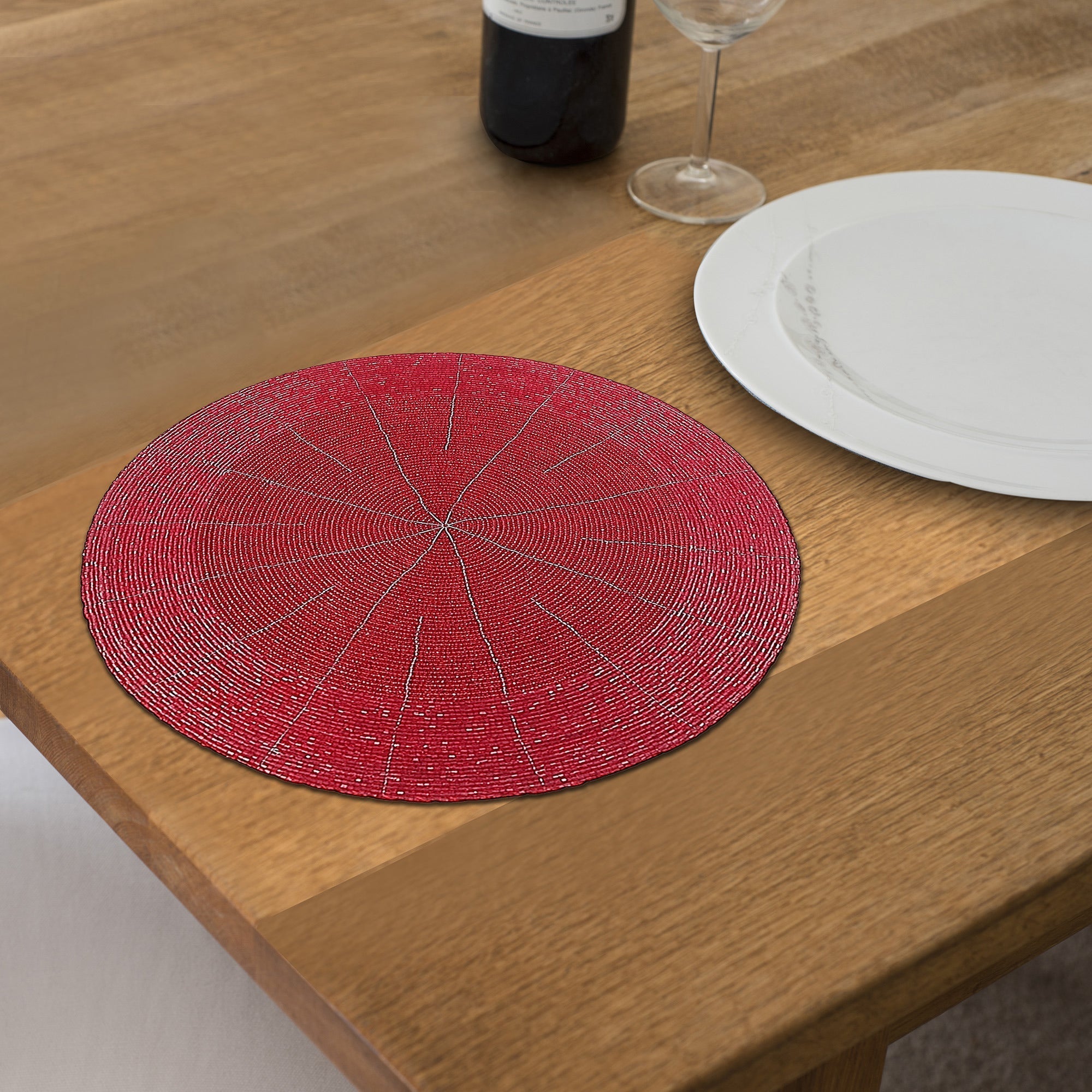 Christmas Beaded Round Placemat Red Set Of 4, Holiday Table Decor, Festive Dining Accent