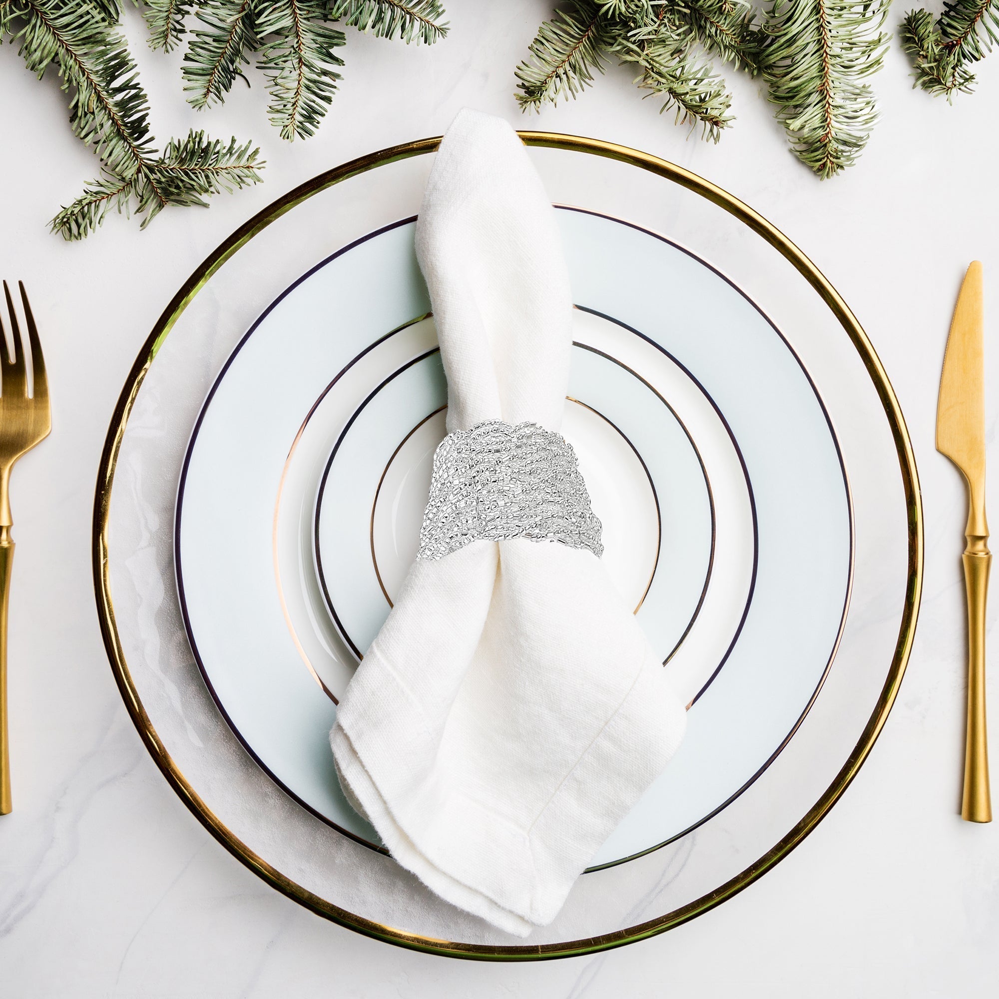 Christmas Silver Beaded Napkin Ring Set Of 8, Holiday Table Decor, Festive Dining Accent