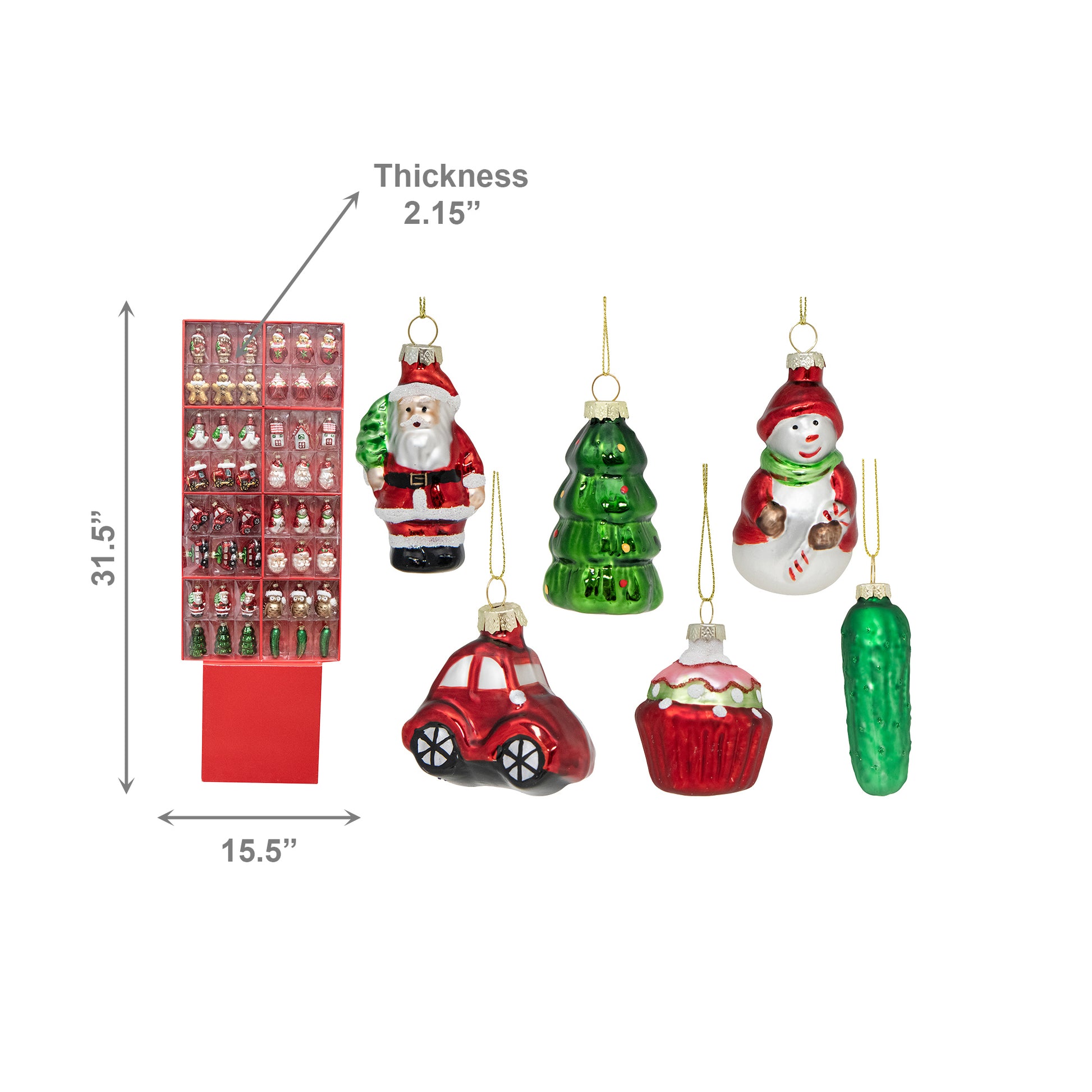 48 Piece Assorted Glass Ornaments in Display, Holiday Decor