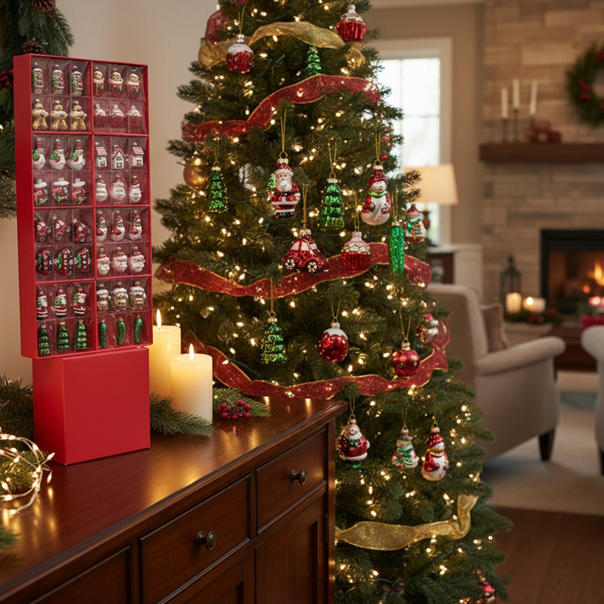 48 Piece Assorted Glass Ornaments in Display, Holiday Decor