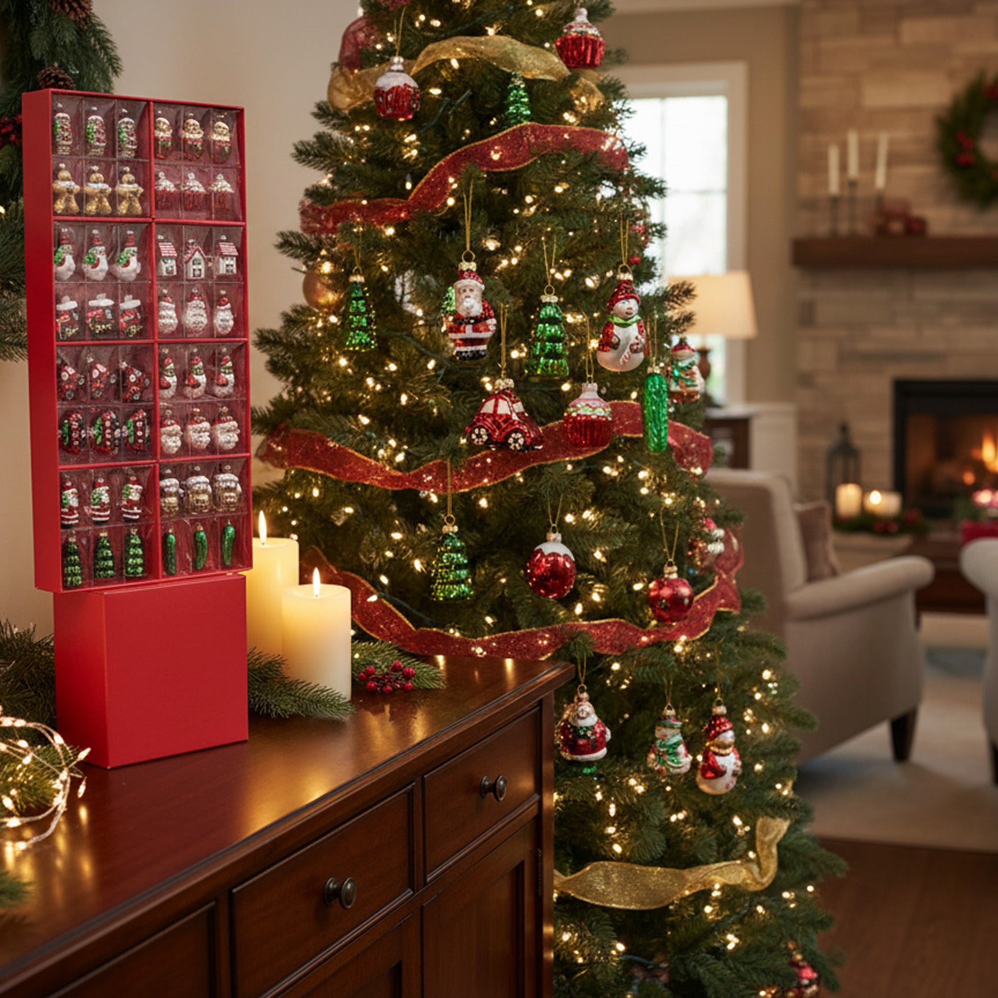 48 Piece Assorted Glass Ornaments in Display, Holiday Decor