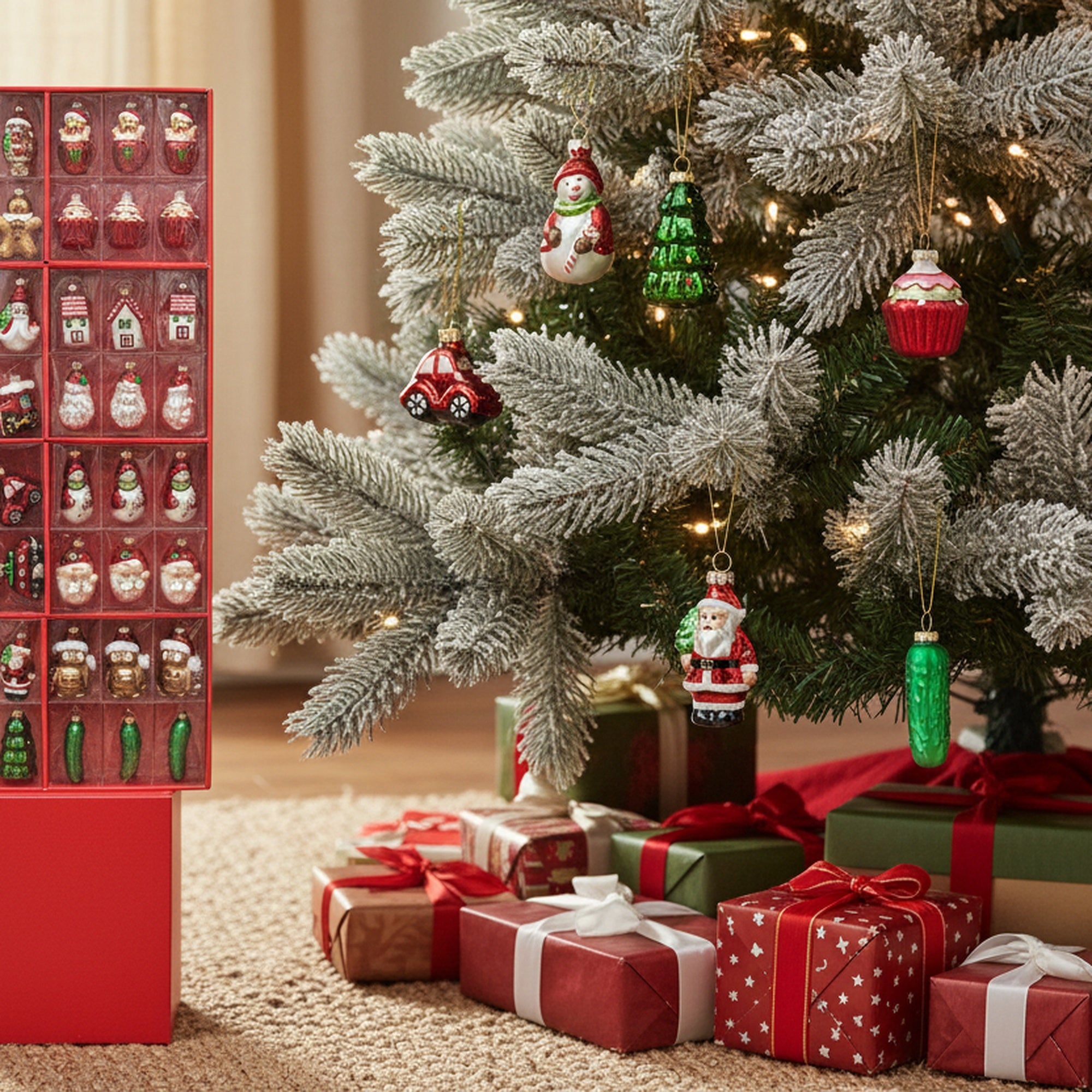 48 Piece Assorted Glass Ornaments in Display, Holiday Decor