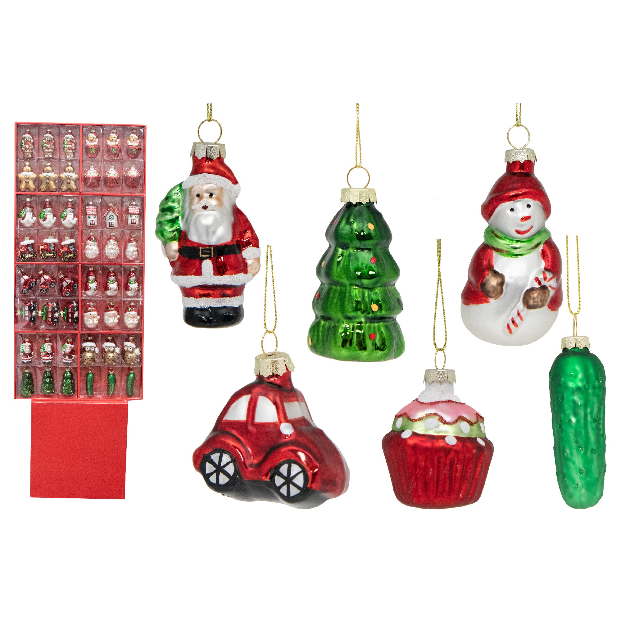 48 Piece Assorted Glass Ornaments in Display, Holiday Decor