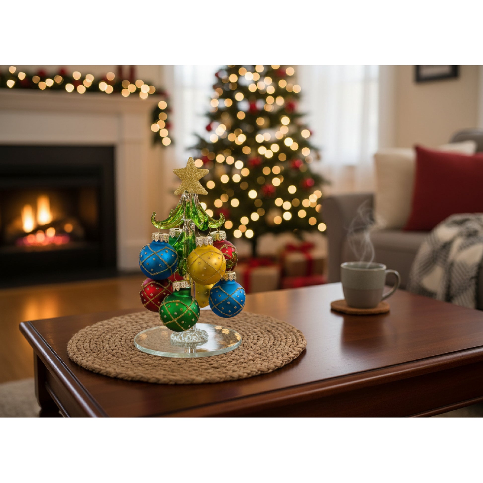 4.75" Glass Tree with Hanging Ornaments Stand Diamond, Christmas, Ornament, Holiday Decor