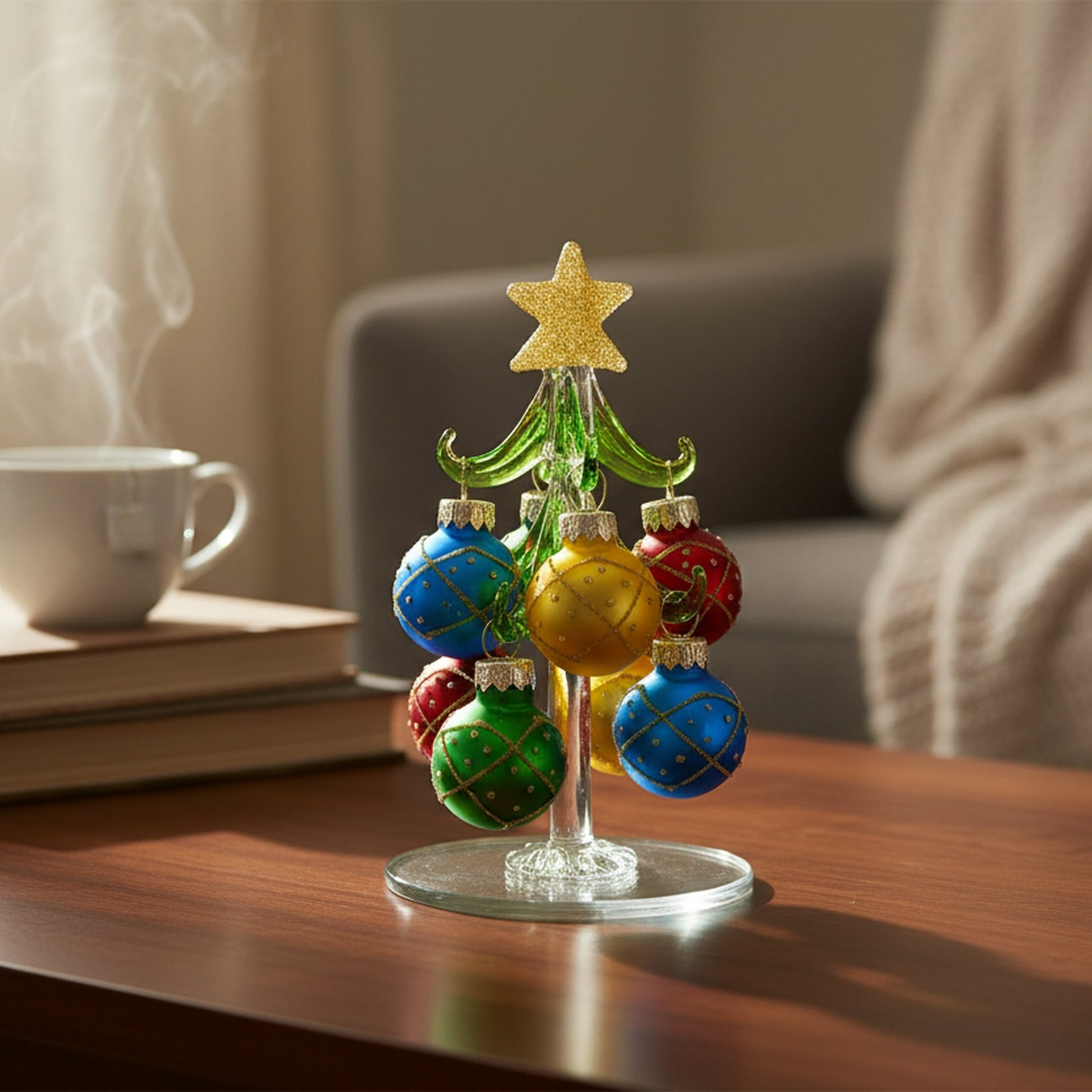 4.75" Glass Tree with Hanging Ornaments Stand Diamond, Christmas, Ornament, Holiday Decor