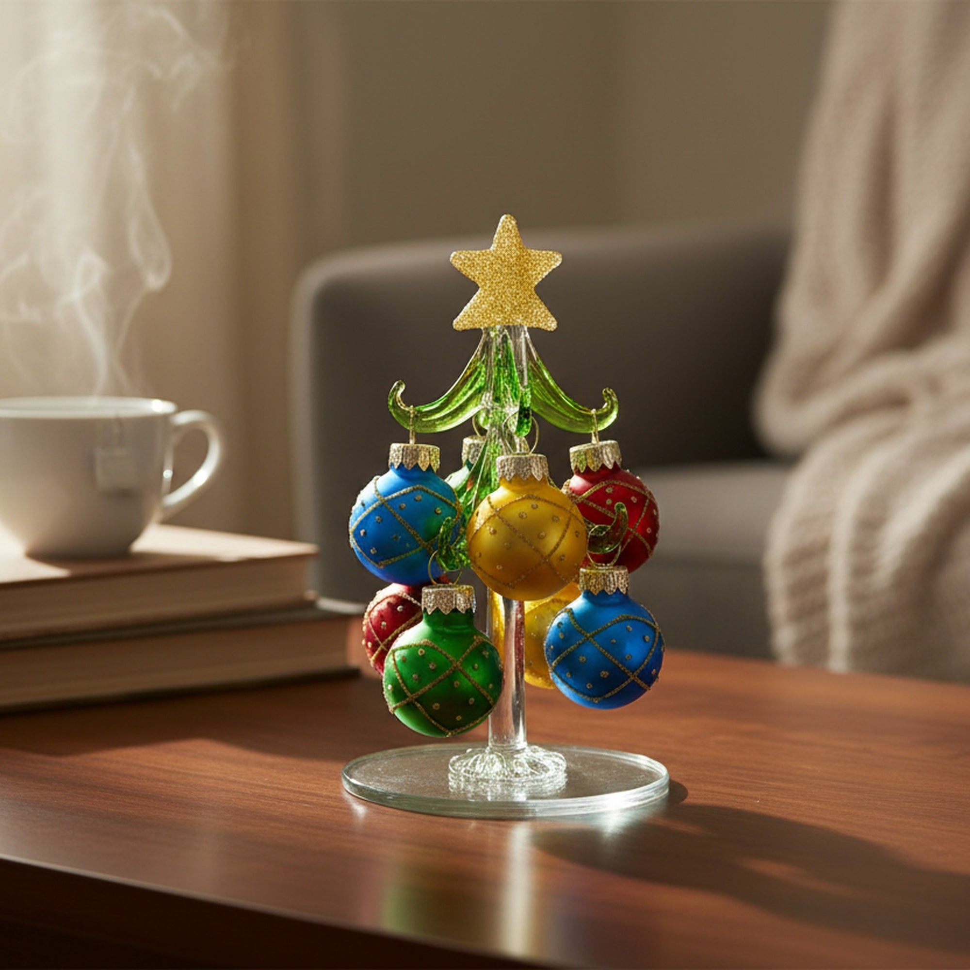 4.75" Glass Tree with Hanging Ornaments Stand Diamond, Christmas, Ornament, Holiday Decor