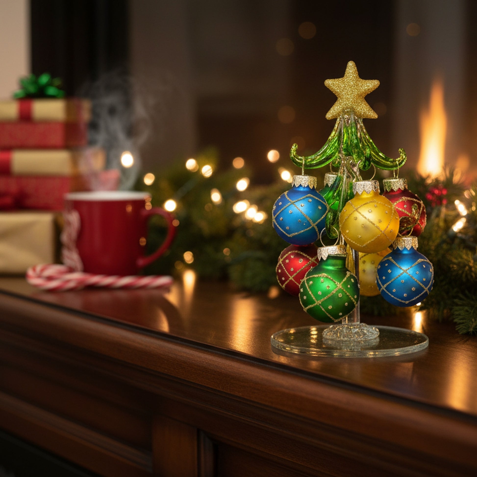 4.75" Glass Tree with Hanging Ornaments Stand Diamond, Christmas, Ornament, Holiday Decor