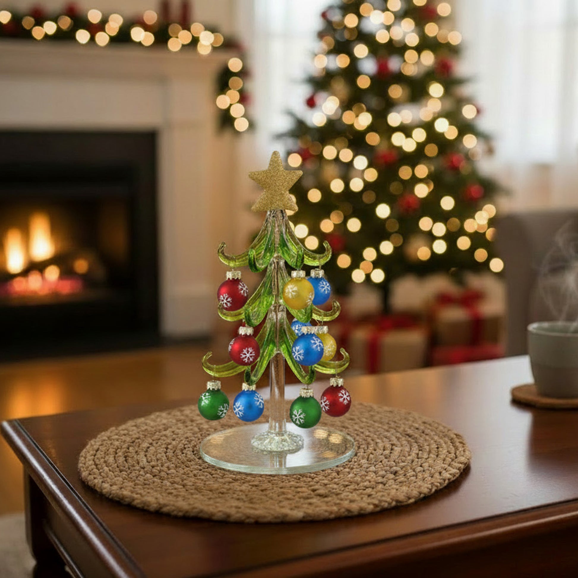 8" Glass Tree with Hanging Ornaments Stand Snowflake, Christmas, Ornament, Holiday Decor