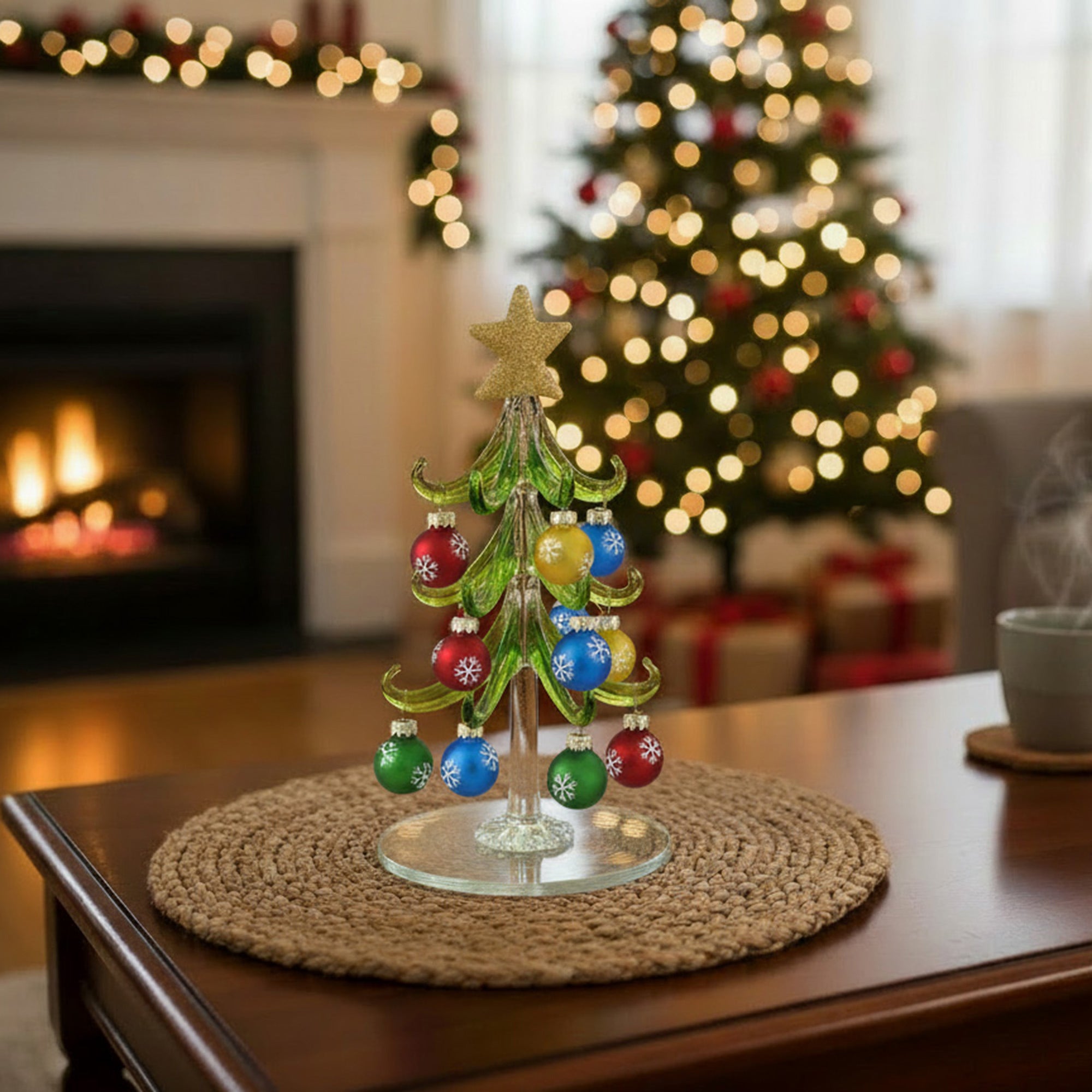8" Glass Tree with Hanging Ornaments Stand Snowflake, Christmas, Ornament, Holiday Decor