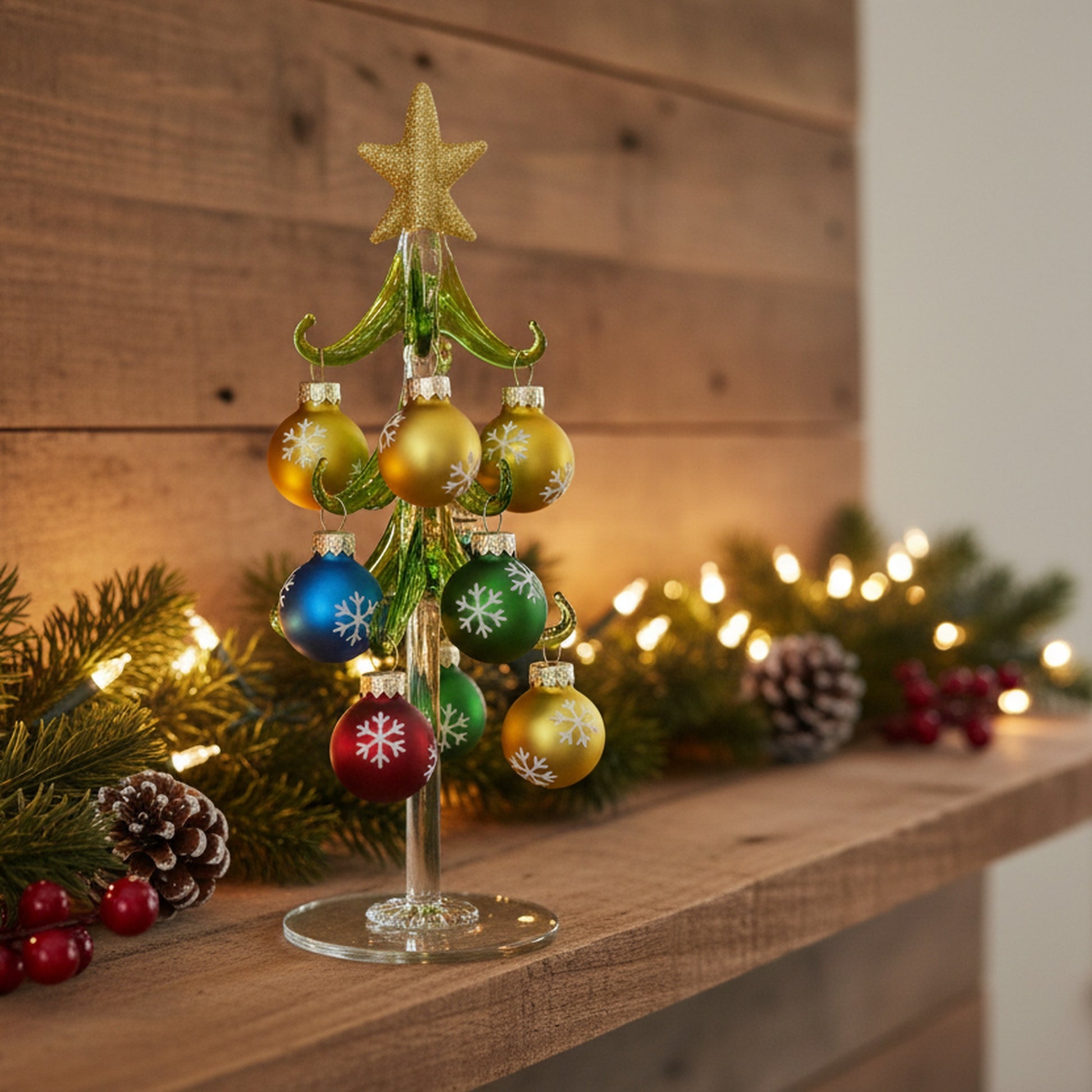 8" Glass Tree with Hanging Ornaments Stand Snowflake, Christmas, Ornament, Holiday Decor