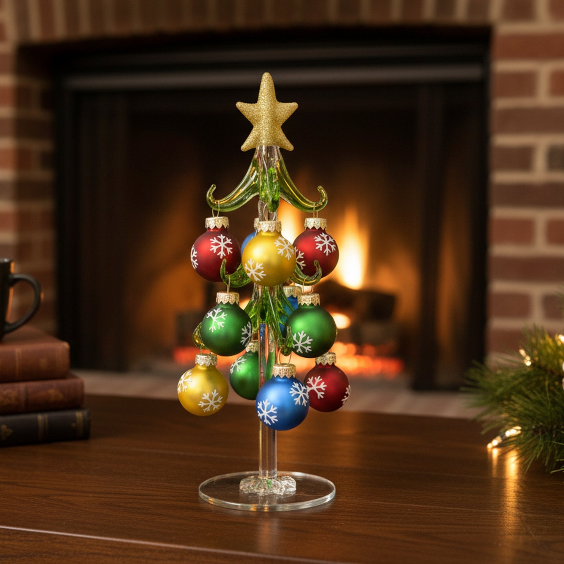 8" Glass Tree with Hanging Ornaments Stand Snowflake, Christmas, Ornament, Holiday Decor