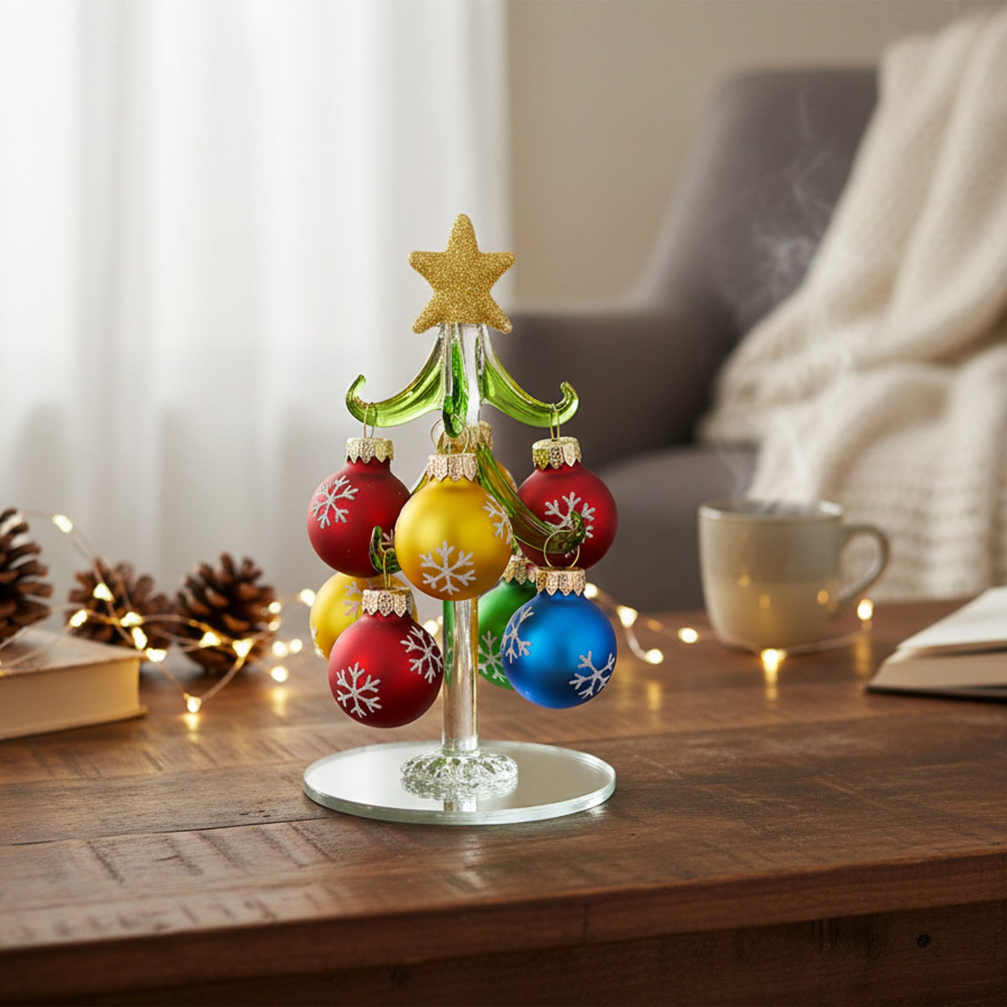 4.75" Glass Tree with Hanging Ornaments Stand Snowflake, Christmas, Ornament, Holiday Decor