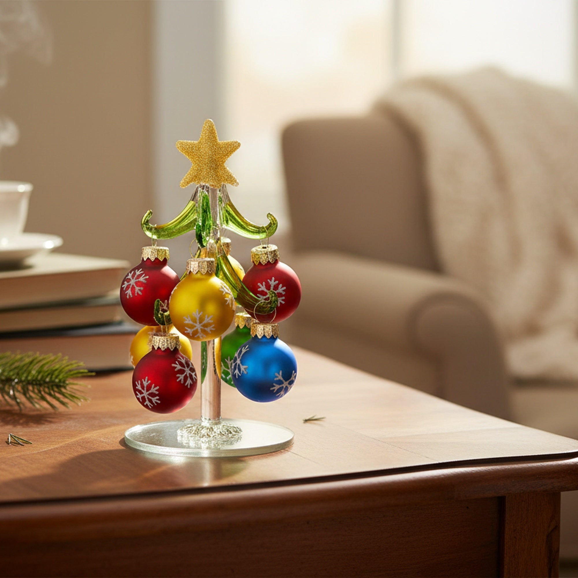 4.75" Glass Tree with Hanging Ornaments Stand Snowflake, Christmas, Ornament, Holiday Decor