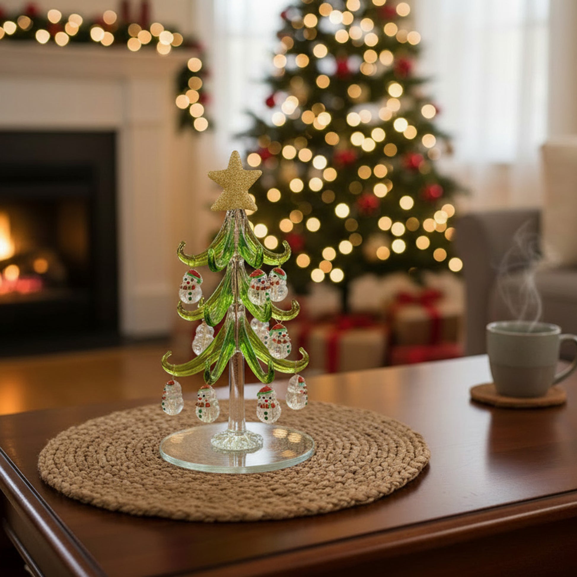 8" Glass Tree with Shaped Ornaments Stand Snowman, Christmas, Ornament, Holiday Decor