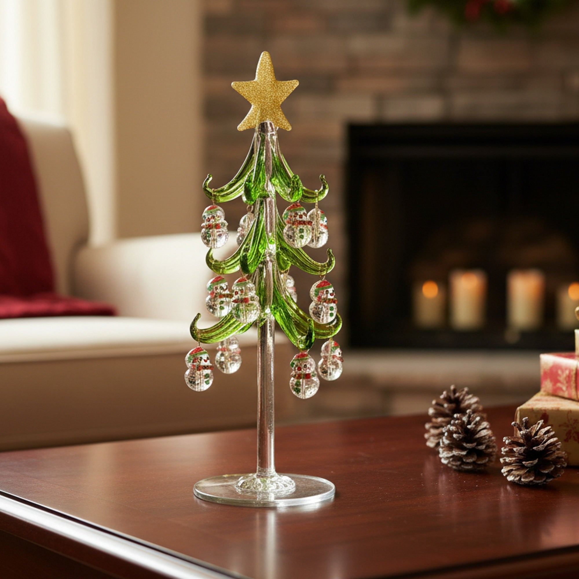 8" Glass Tree with Shaped Ornaments Stand Snowman, Christmas, Ornament, Holiday Decor