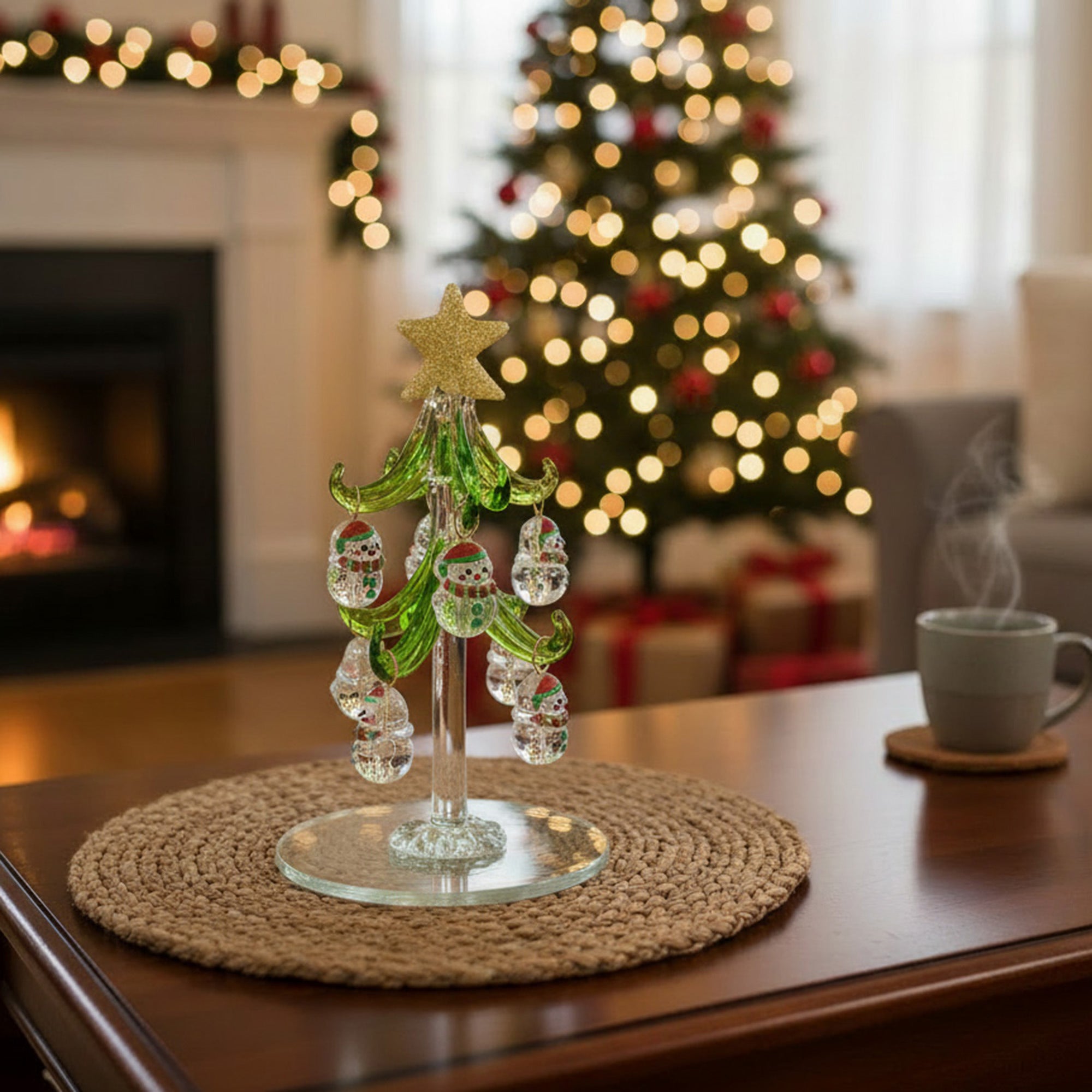 4.75" Glass Tree with Shaped Ornaments Stand Snowman, Christmas, Ornament, Holiday Decor