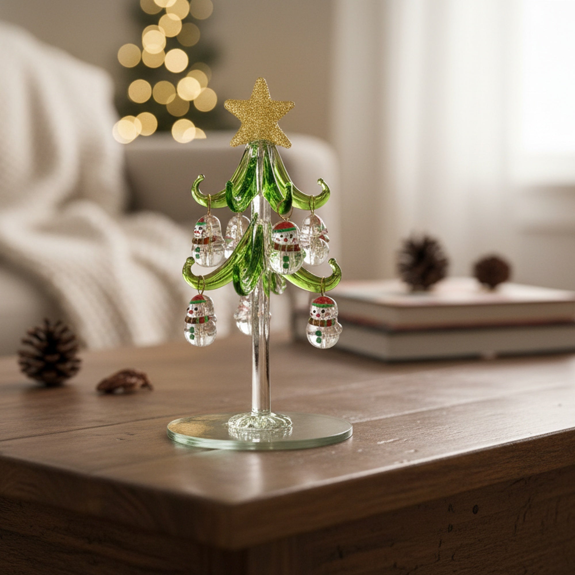 4.75" Glass Tree with Shaped Ornaments Stand Snowman, Christmas, Ornament, Holiday Decor
