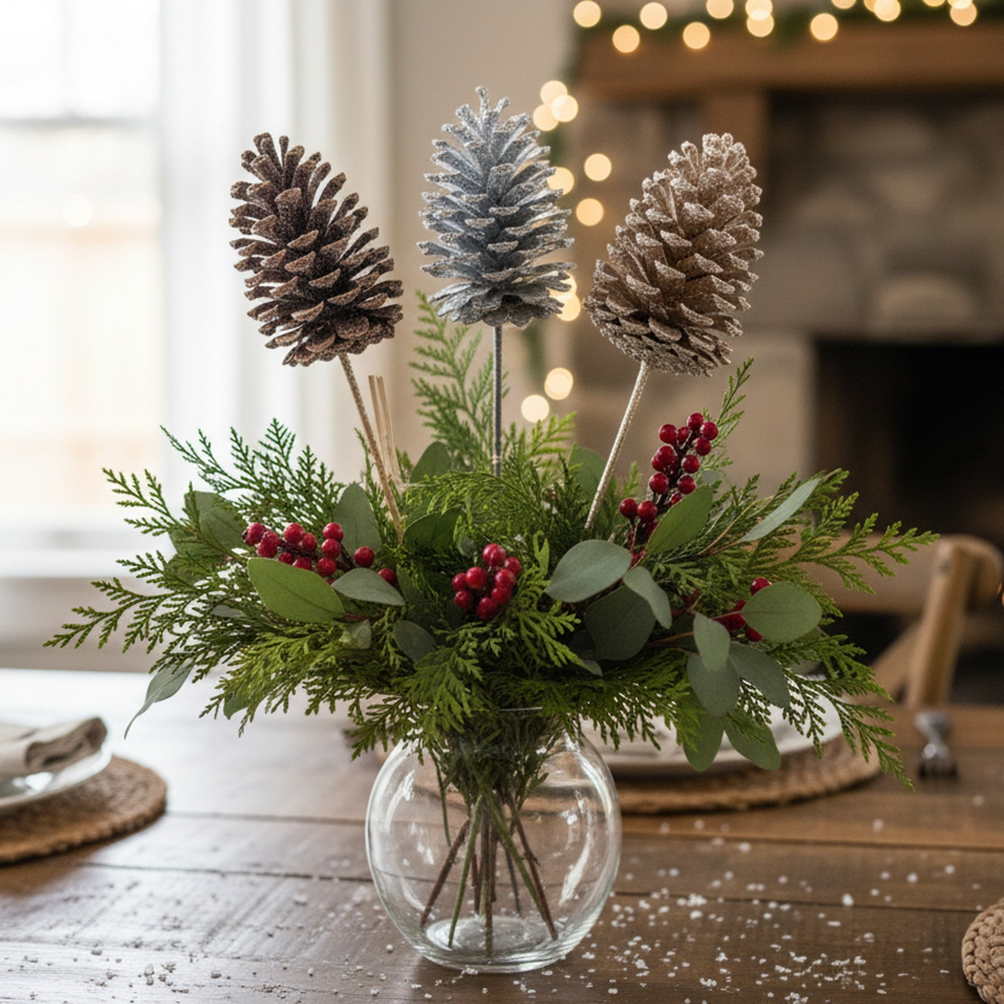22" Glittered Pinecone Pick Assorted, Christmas, Floral Pick, Holiday Decor- Set of 3