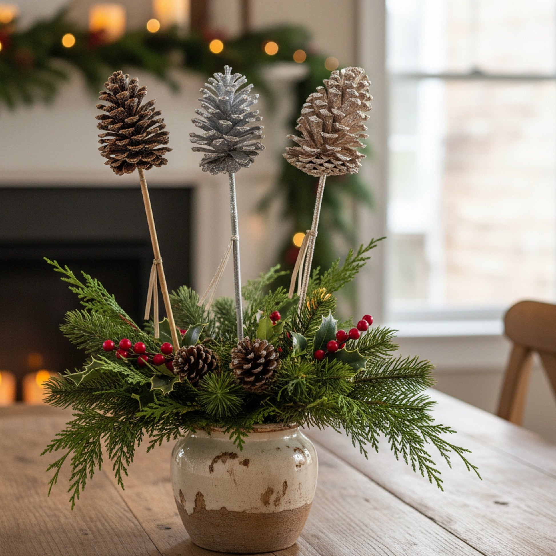 20" Glittered Pinecone Pick Assorted, Christmas, Floral Pick, Holiday Decor- Set of 6