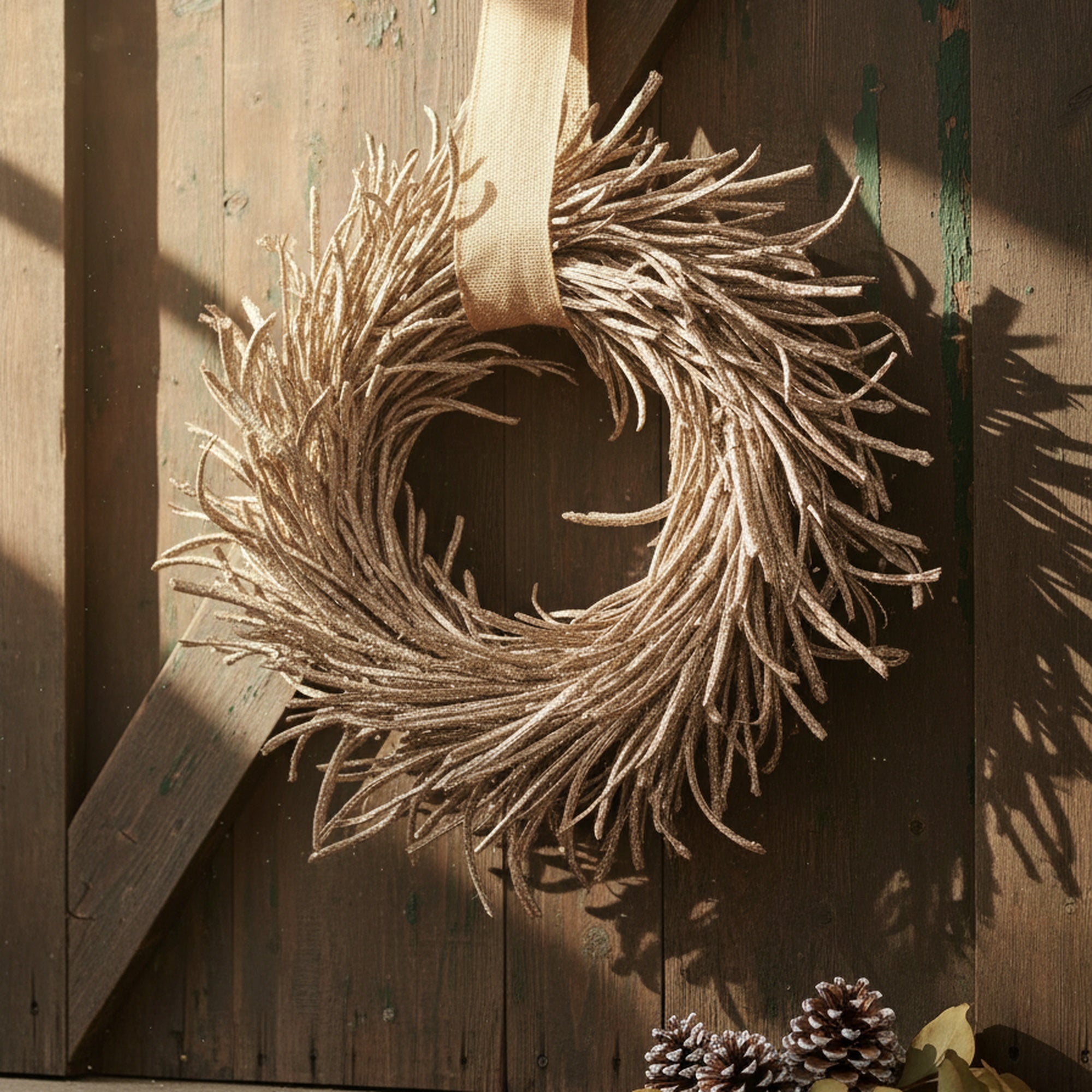 Glittered Rattan Wreath Decor Champagne, Wreath, Holiday Decor