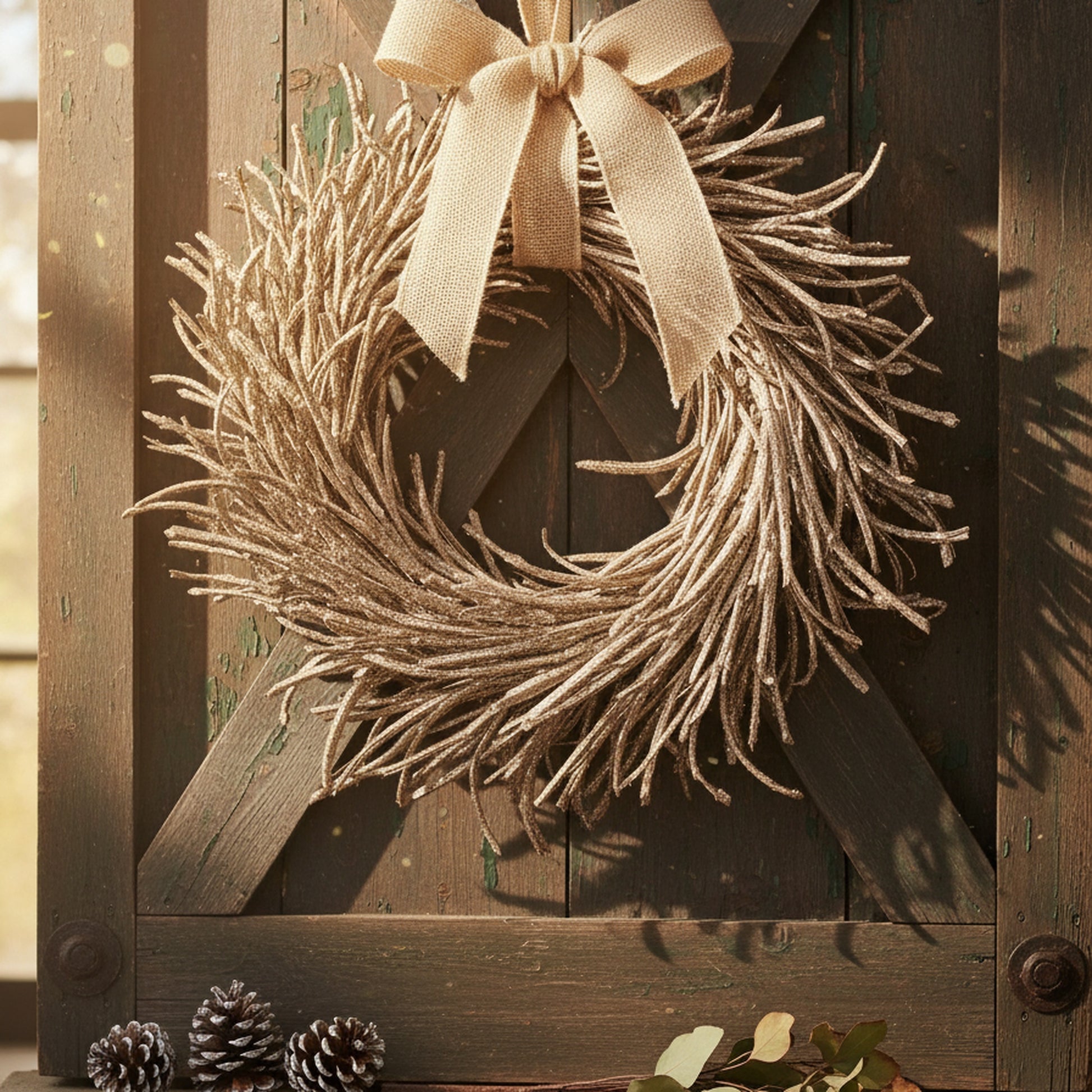 Glittered Rattan Wreath Decor Champagne, Wreath, Holiday Decor