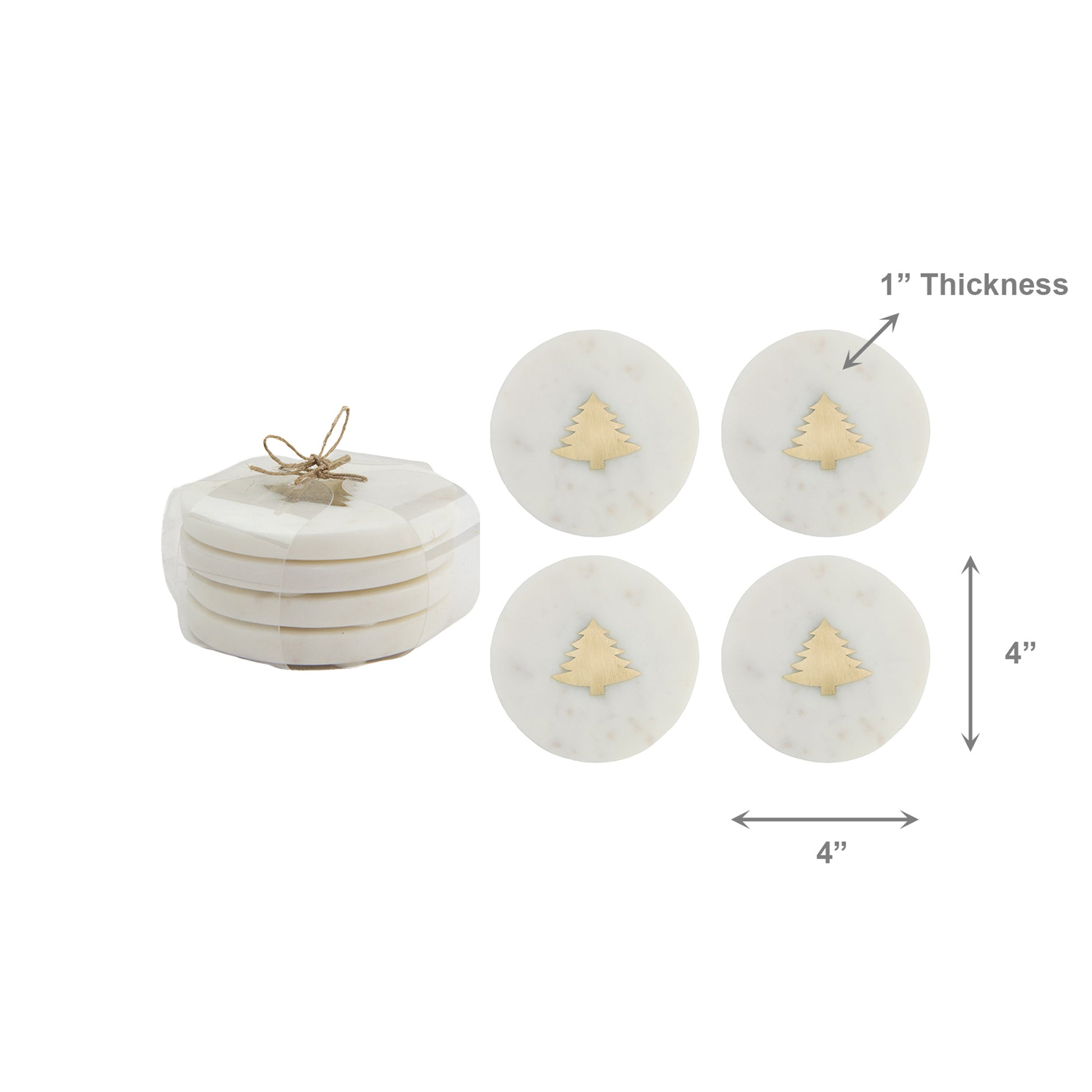 White Marble Round Coaster With Brass Inlay Tree Set of 4, Coaster Set, Holiday Decor