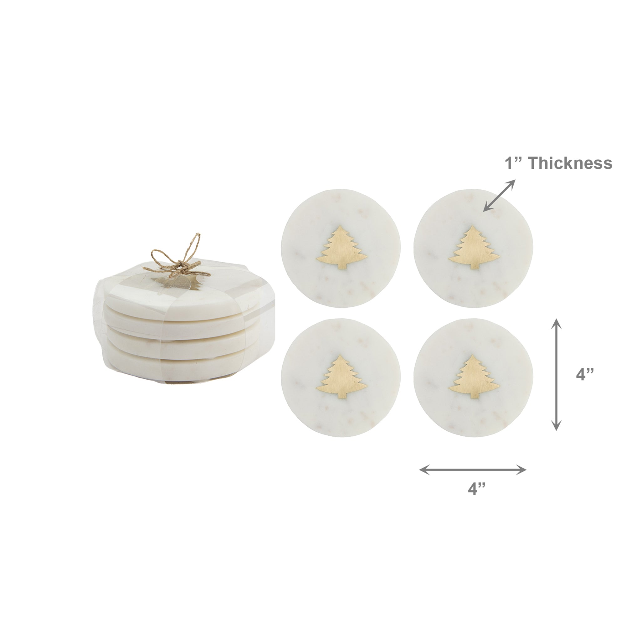 White Marble Round Coaster With Brass Inlay Tree Set of 4, Coaster Set, Holiday Decor